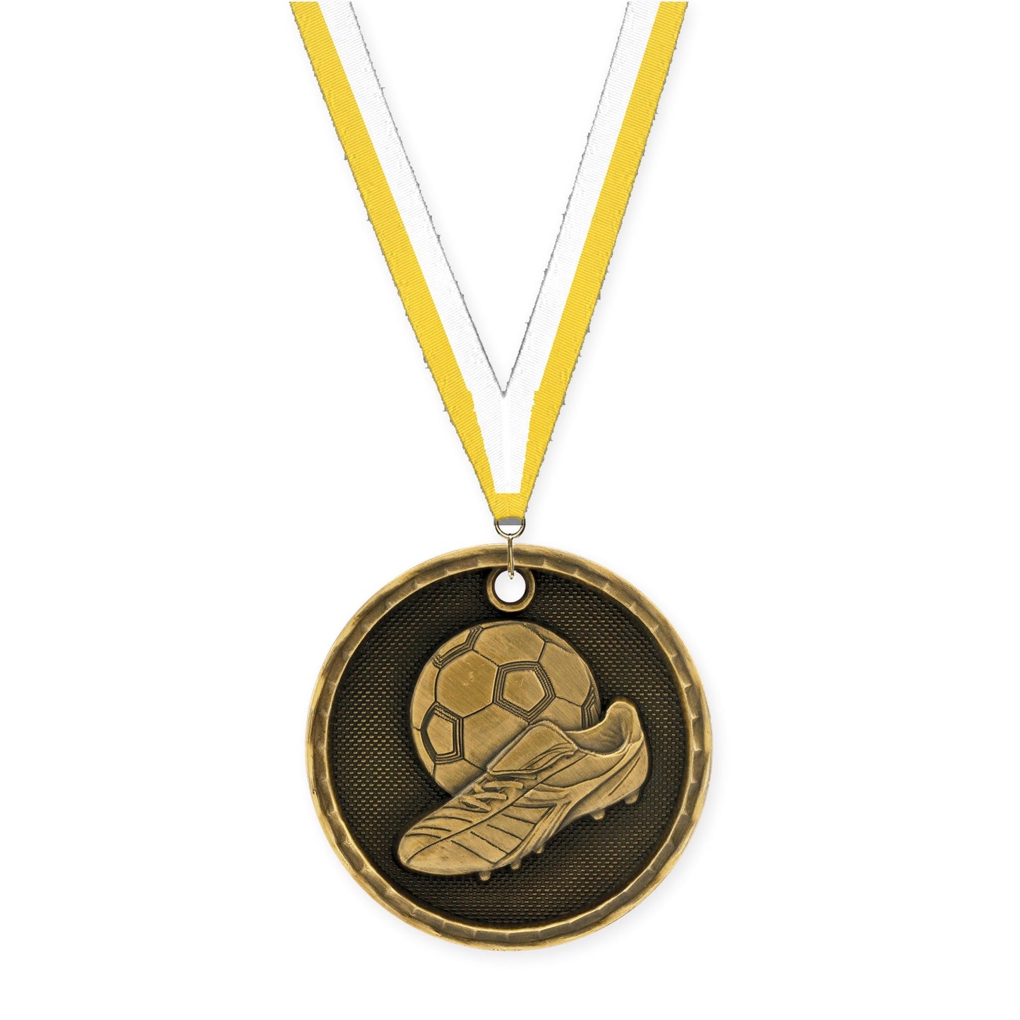 2 inch soccer 3-D medal in antique gold with Yellow White neck ribbon