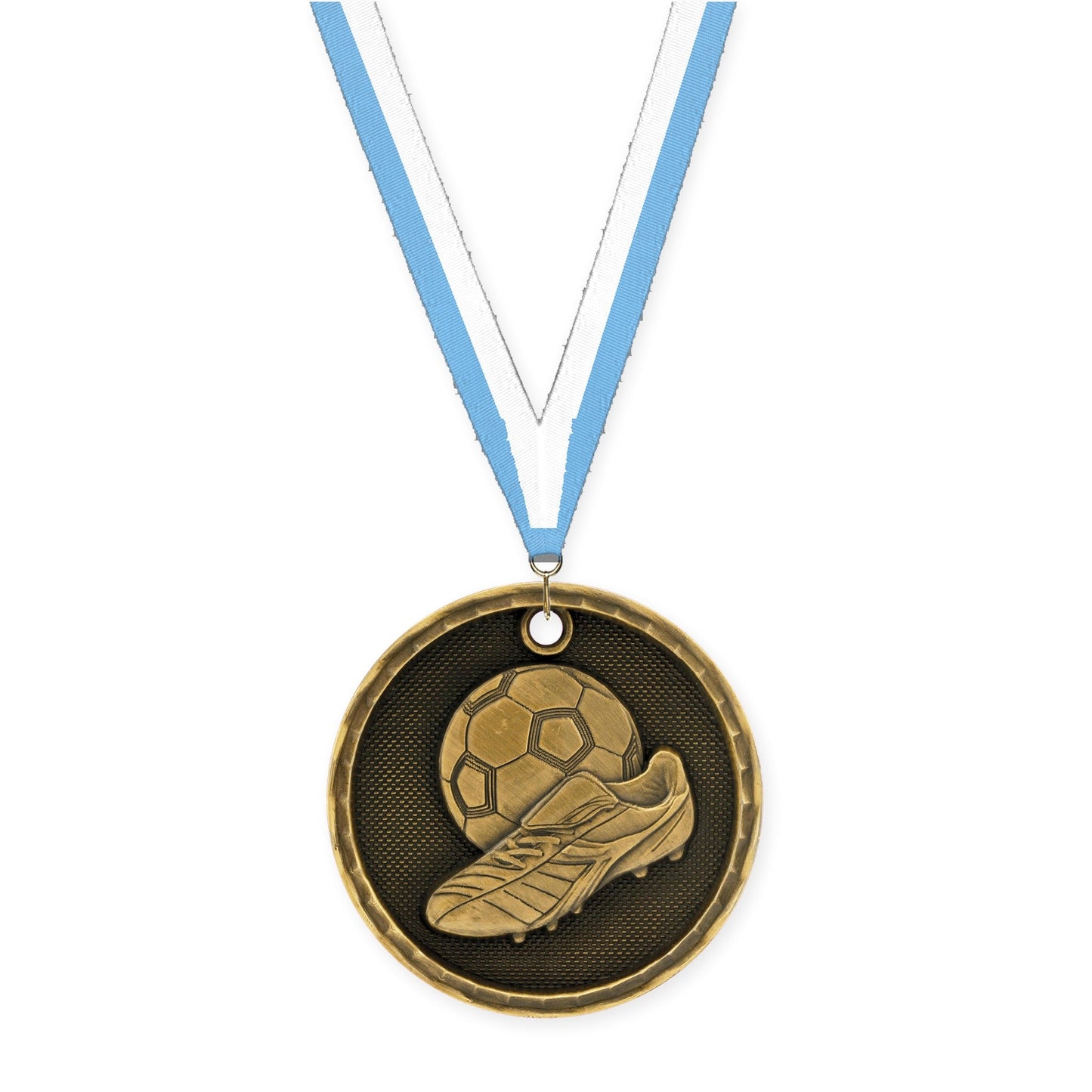 2 inch soccer 3-D medal in antique gold with Light Blue White neck ribbon