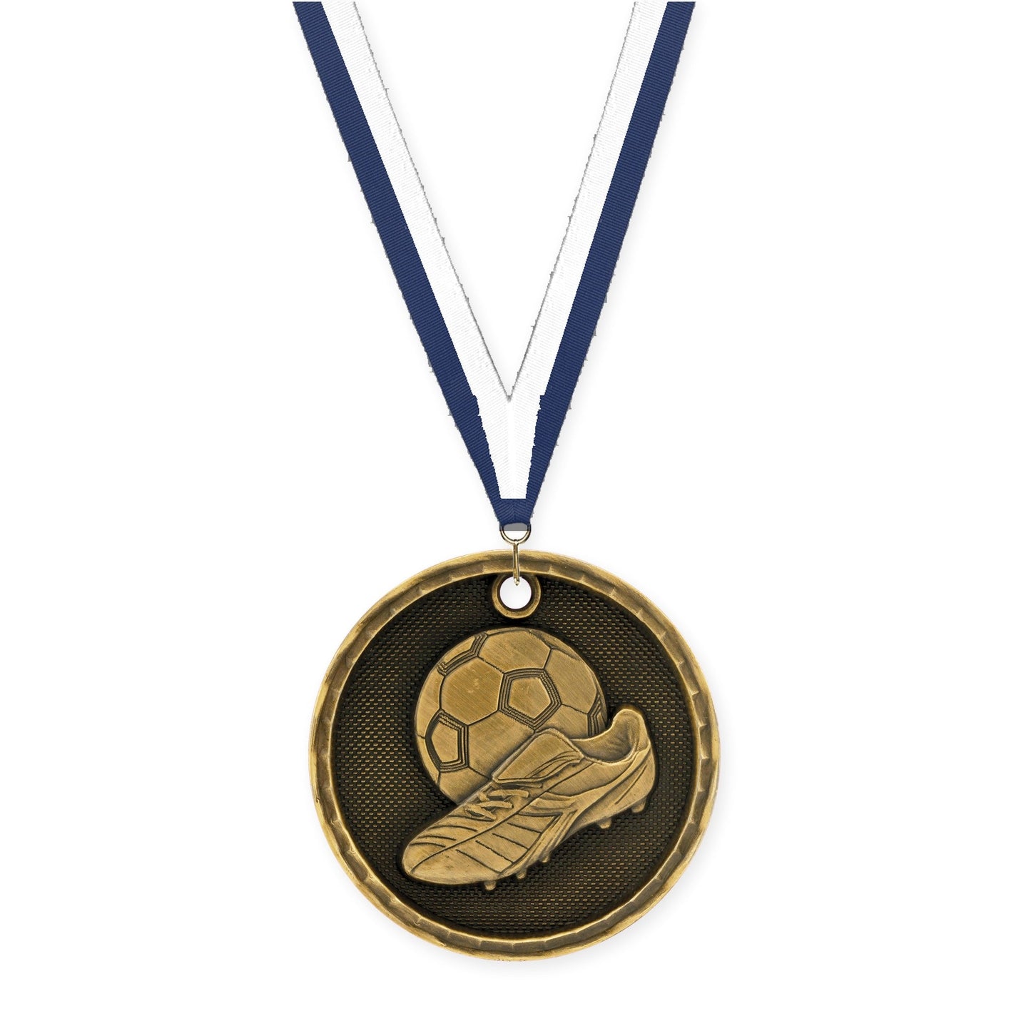 2 inch soccer 3-D medal in antique gold with Navy White neck ribbon