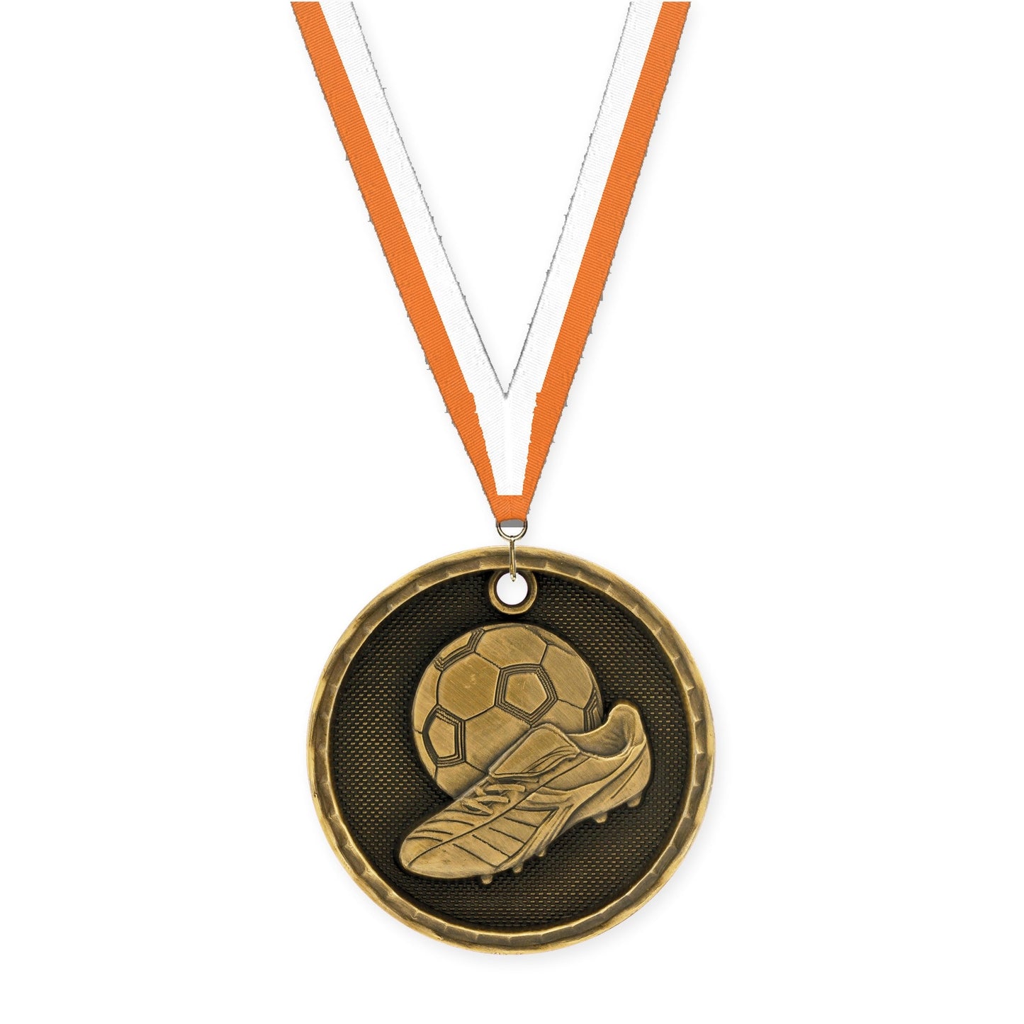 2 inch soccer 3-D medal in antique gold with Orange White neck ribbon