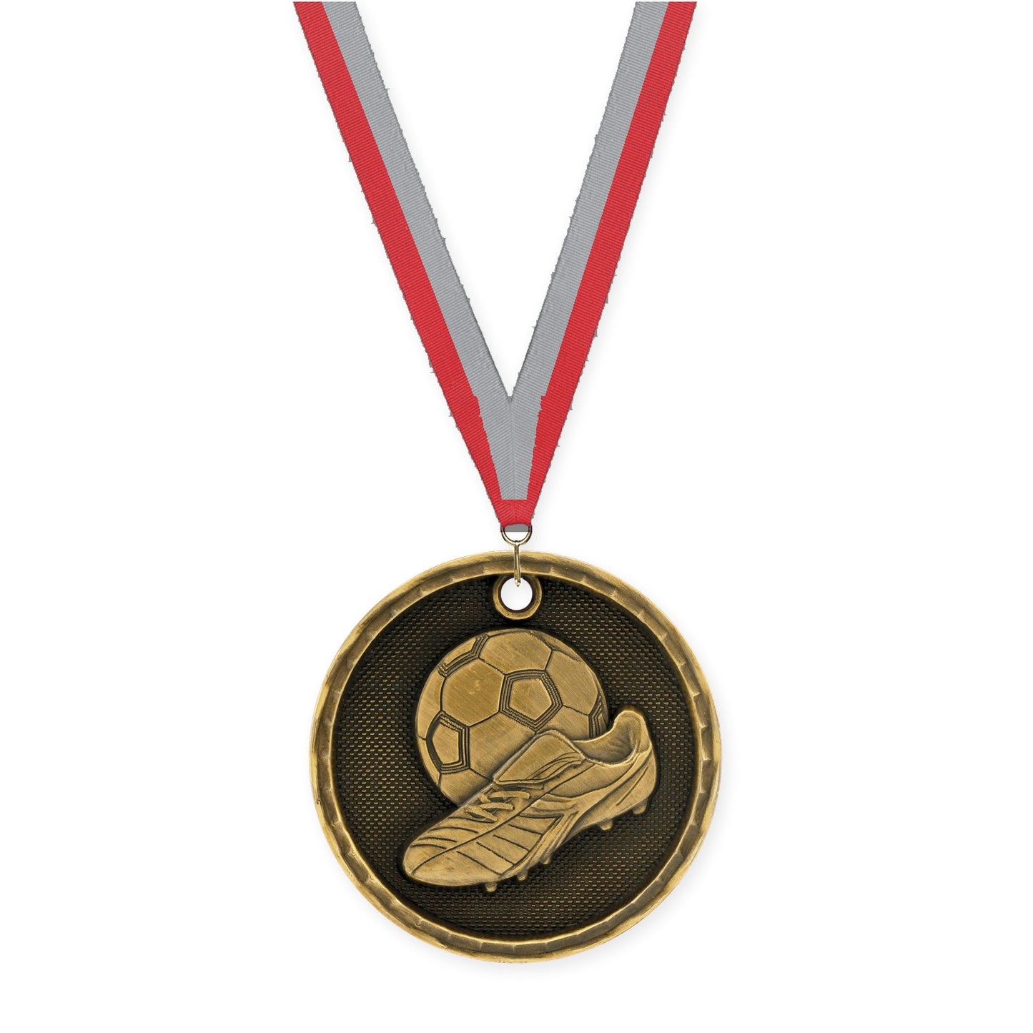 2 inch soccer 3-D medal in antique gold with Red Gray neck ribbon