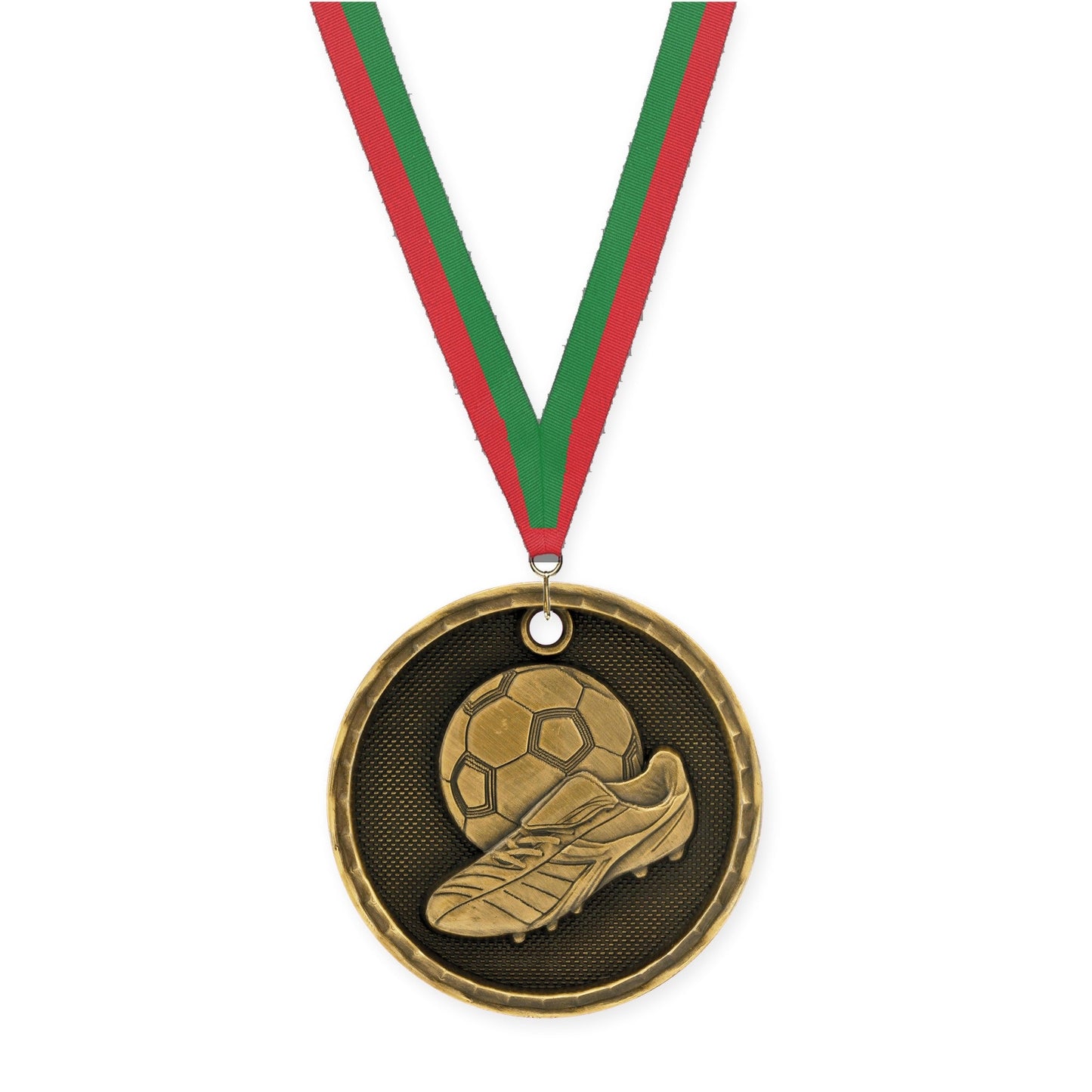 2 inch soccer 3-D medal in antique gold with Red Green neck ribbon