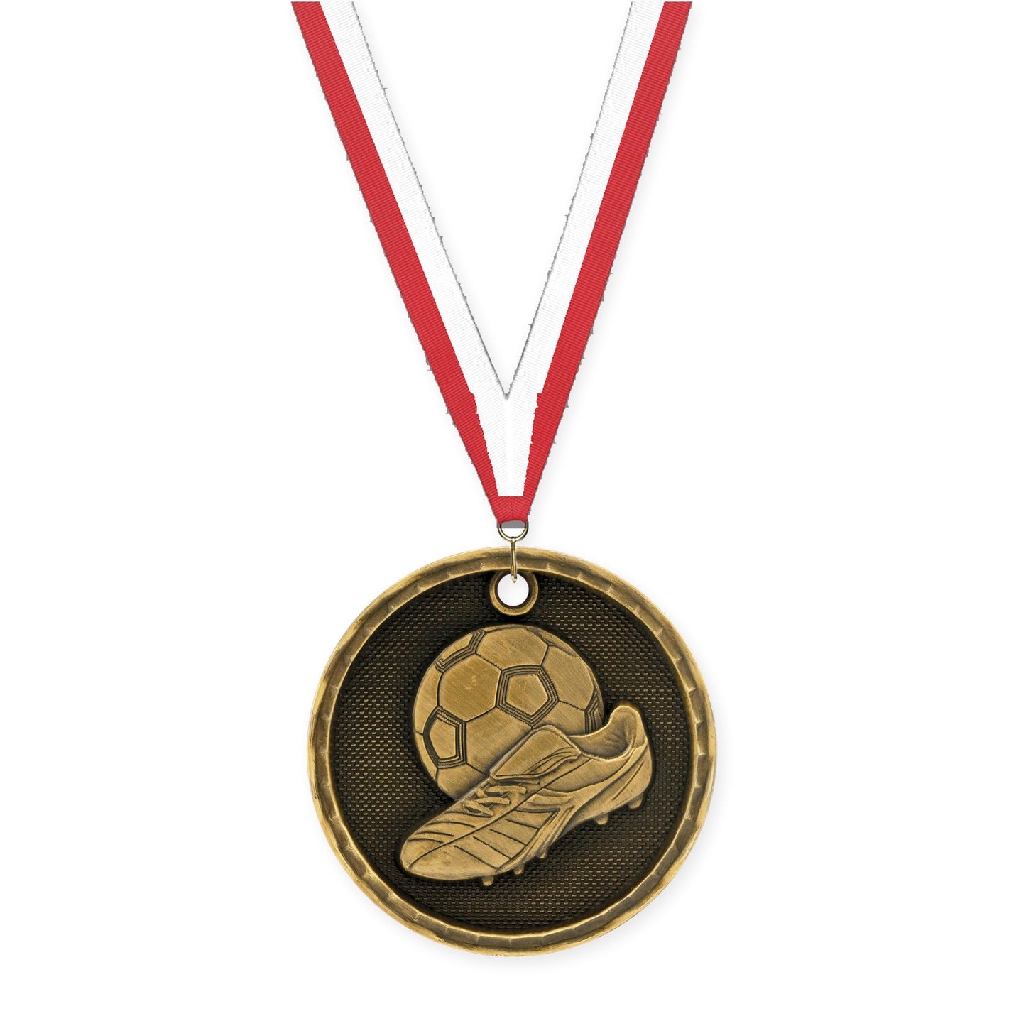 2 inch soccer 3-D medal in antique gold with Red White neck ribbon