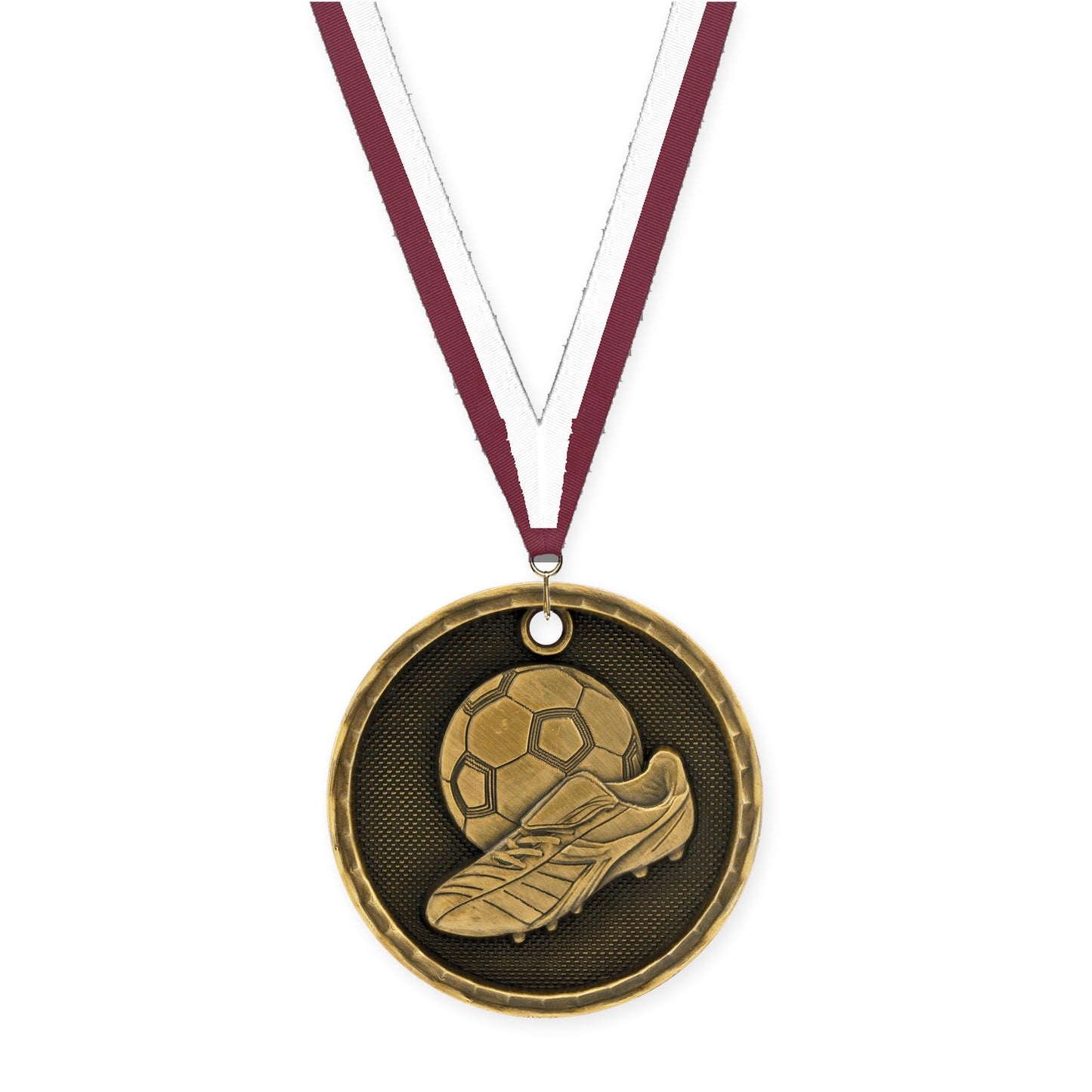 2 inch soccer 3-D medal in antique gold with Maroon White neck ribbon