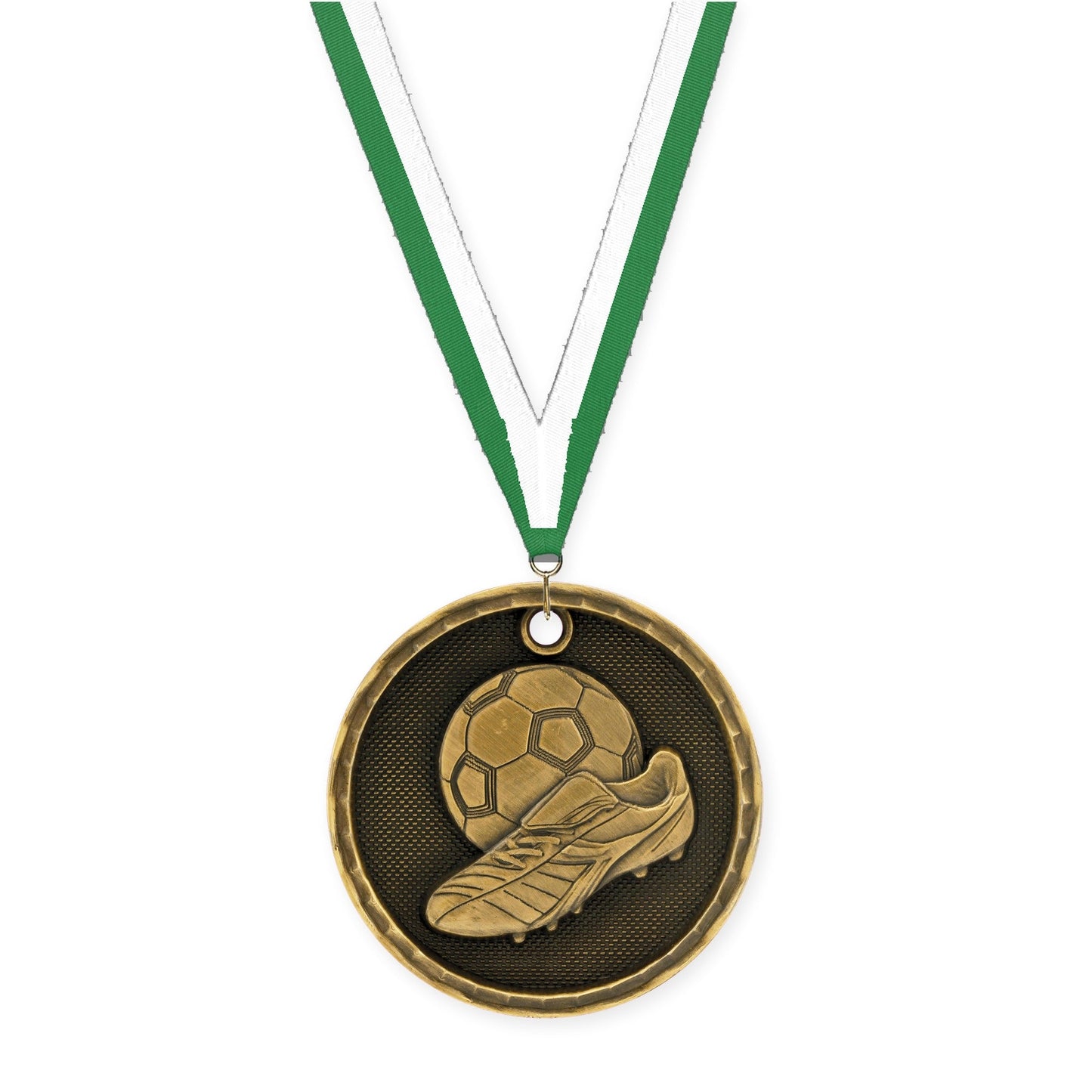 2 inch soccer 3-D medal in antique gold with Green White neck ribbon