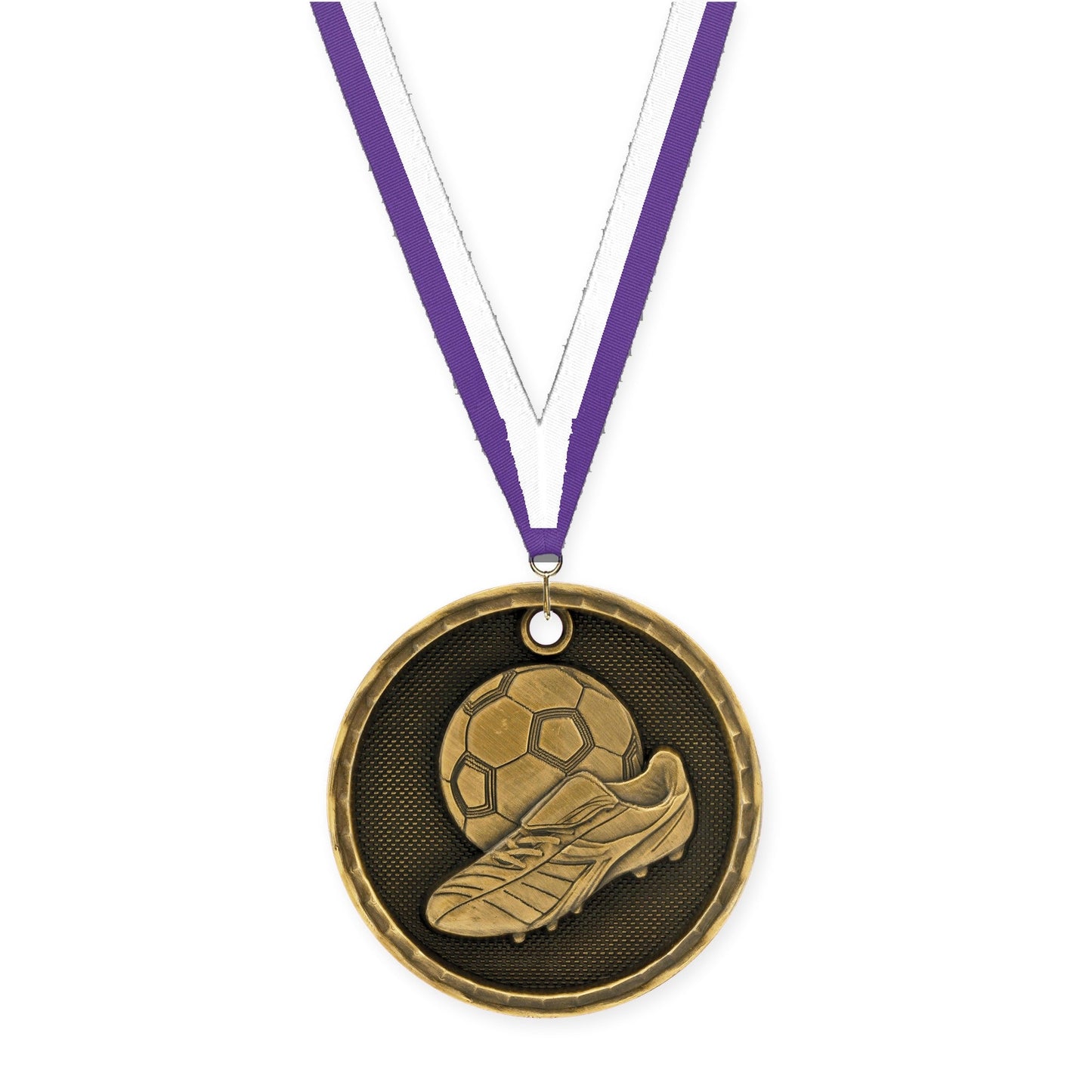 2 inch soccer 3-D medal in antique gold with Purple White neck ribbon