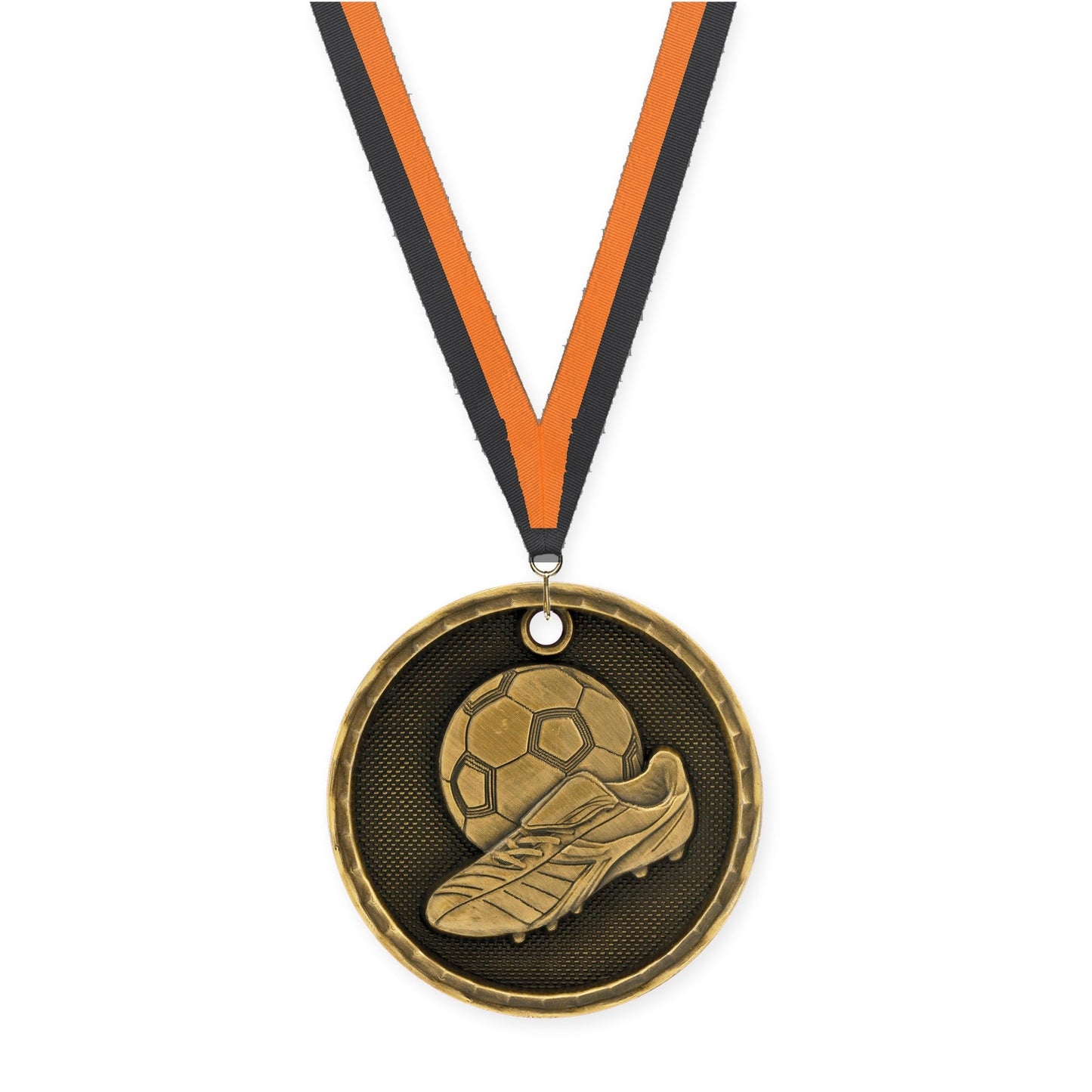 2 inch soccer 3-D medal in antique gold with Black Orange neck ribbon