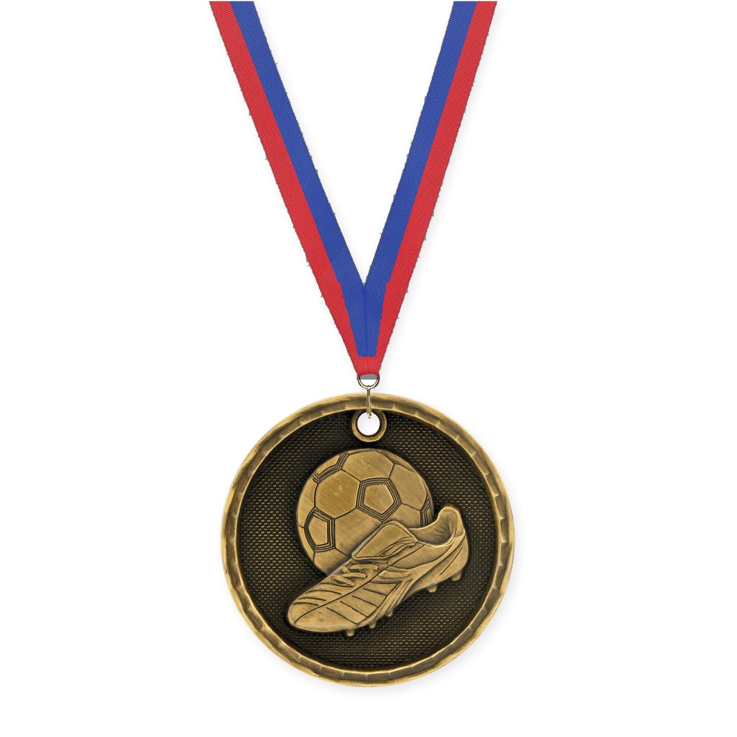 2 inch soccer 3-D medal in antique gold with Blue Red neck ribbon