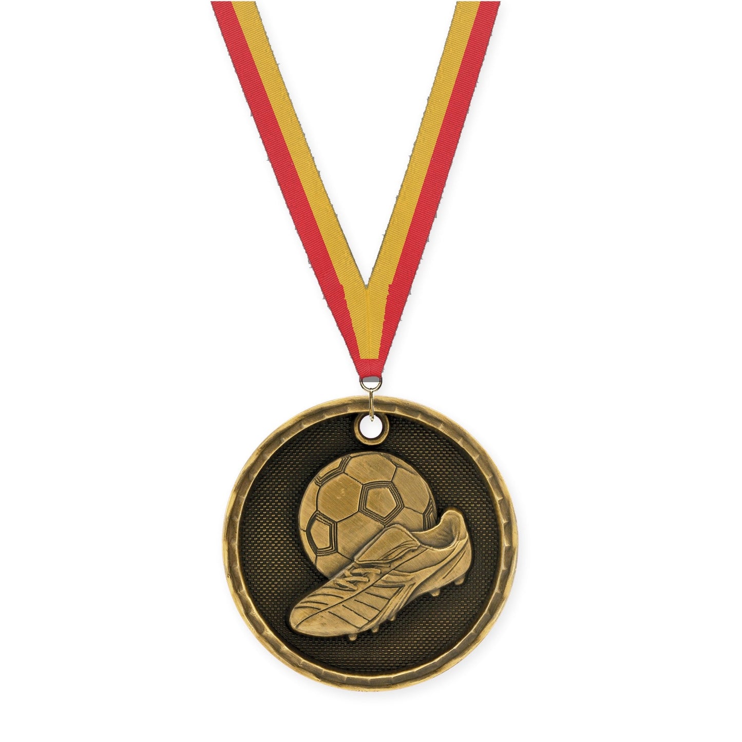 2 inch soccer 3-D medal in antique gold with Red Gold neck ribbon