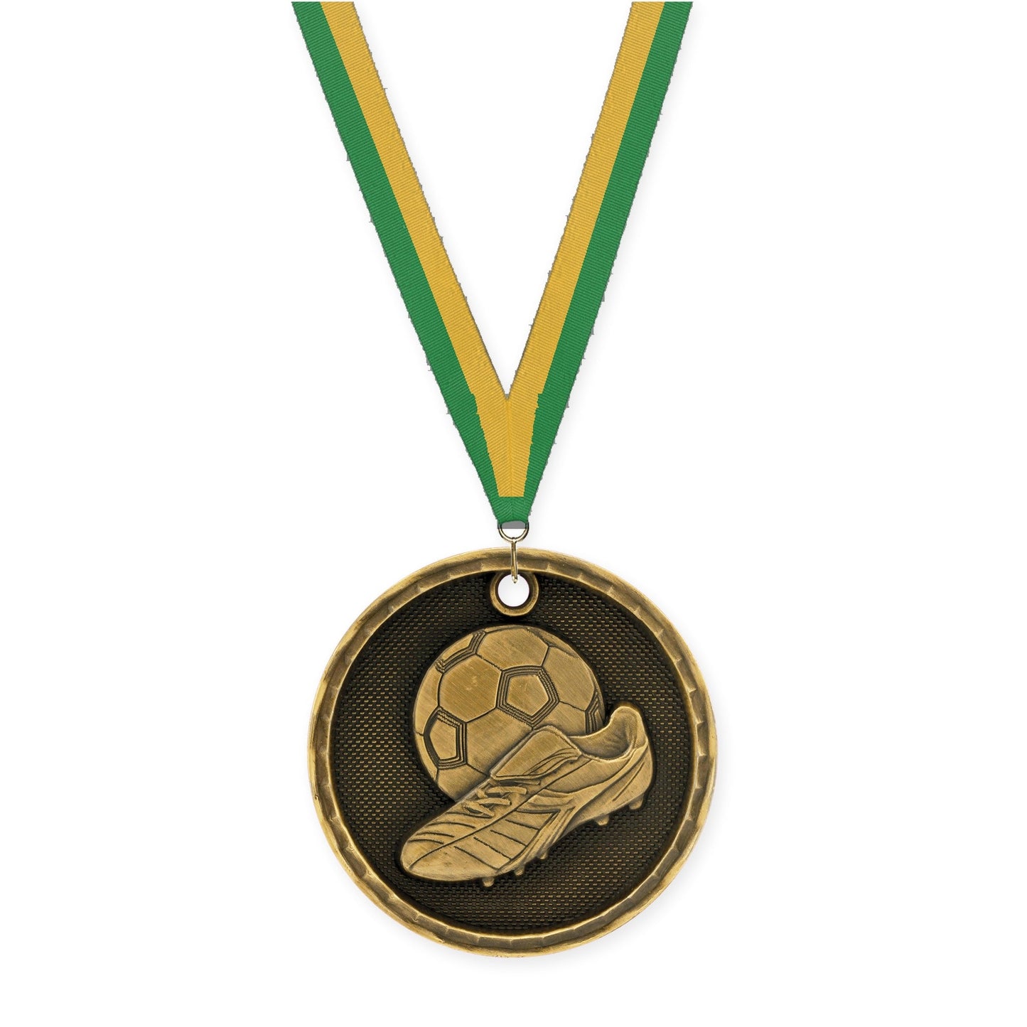 2 inch soccer 3-D medal in antique gold with Green Gold neck ribbon