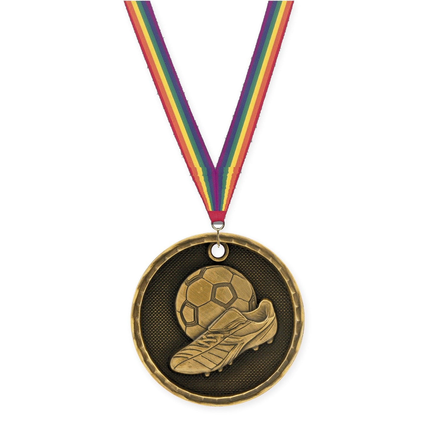 2 inch soccer 3-D medal in antique gold with Rainbow neck ribbon