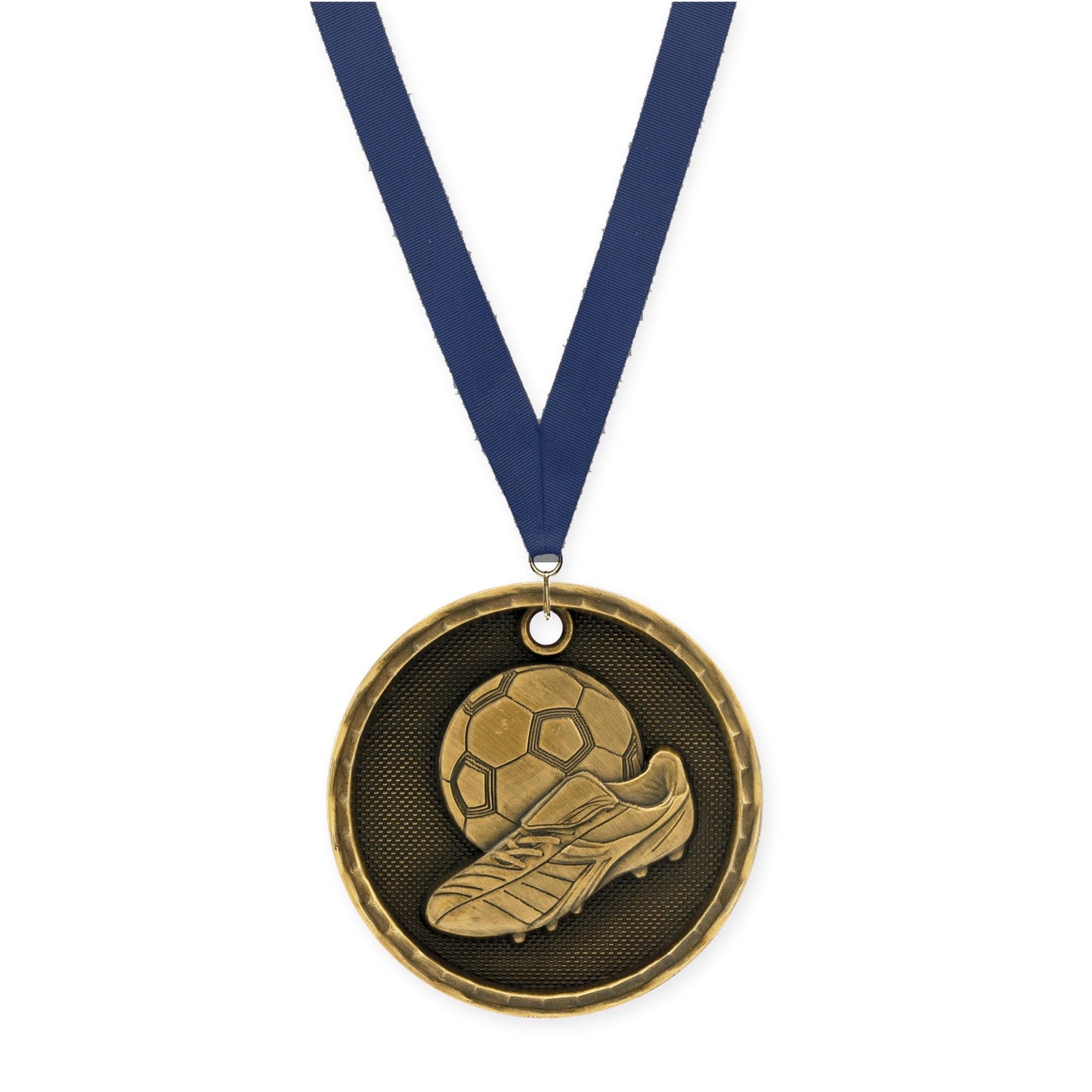 2 inch soccer 3-D medal in antique gold with Navy neck ribbon