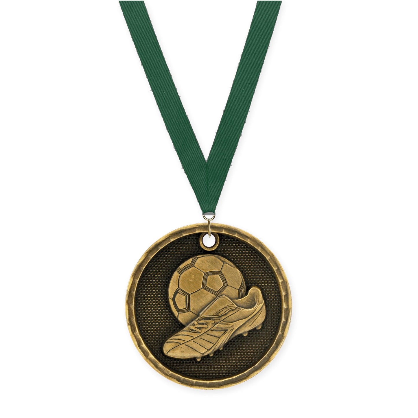 2 inch soccer 3-D medal in antique gold with Hunter Green neck ribbon