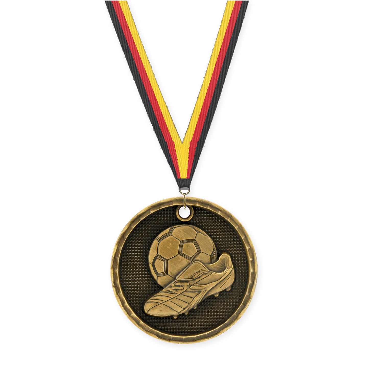 2 inch soccer 3-D medal in antique gold with Black Red Yellow neck ribbon