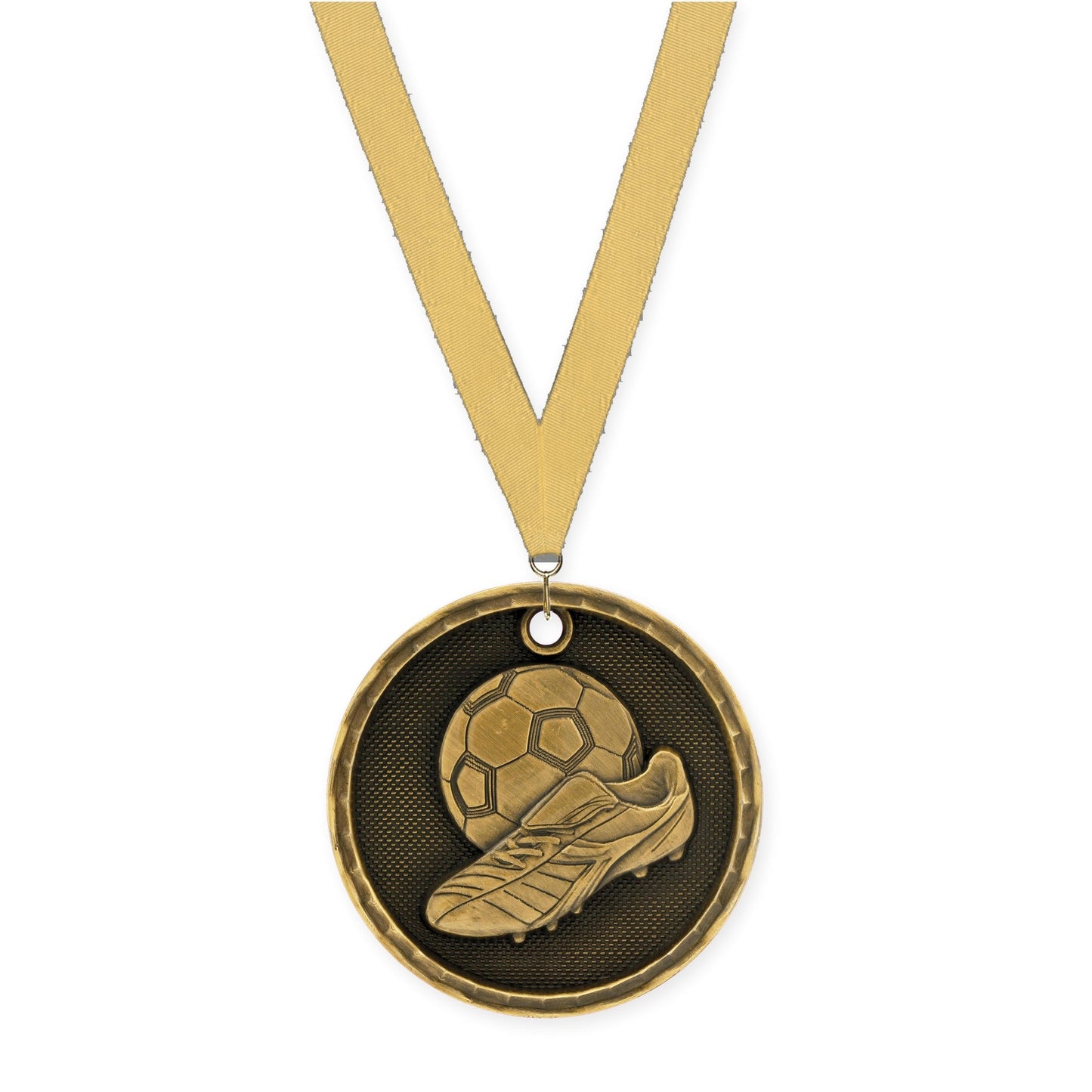 2 inch soccer 3-D medal in antique gold with Gold Metallic neck ribbon