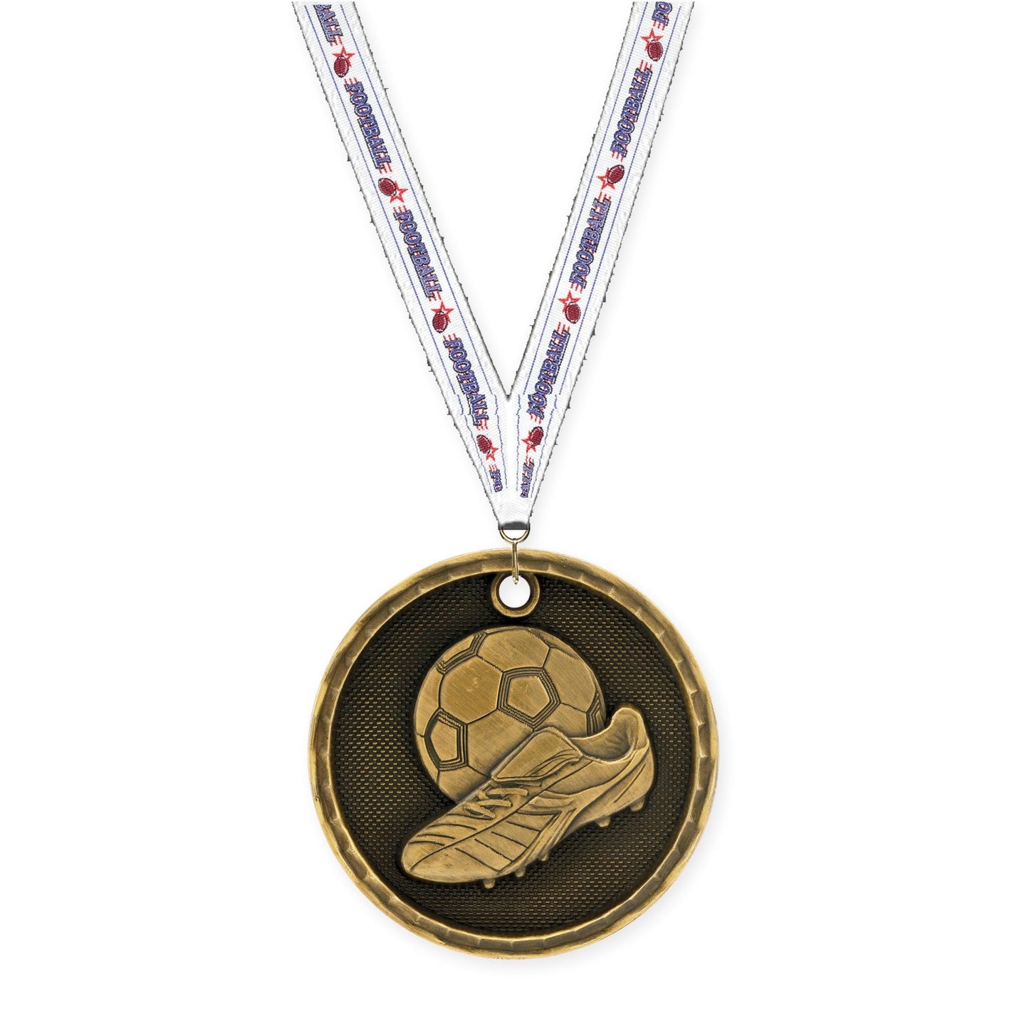 2 inch soccer 3-D medal in antique gold with Football neck ribbon