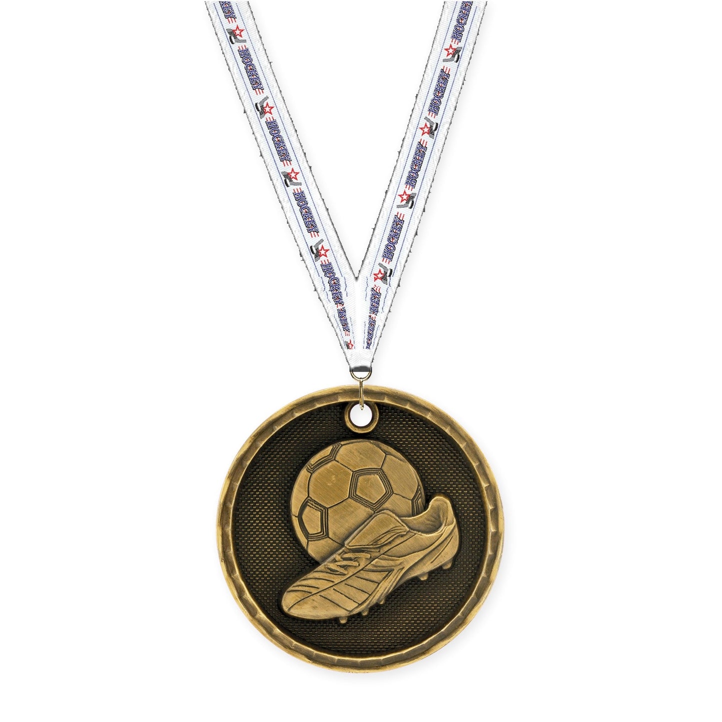 2 inch soccer 3-D medal in antique gold with Hockey neck ribbon