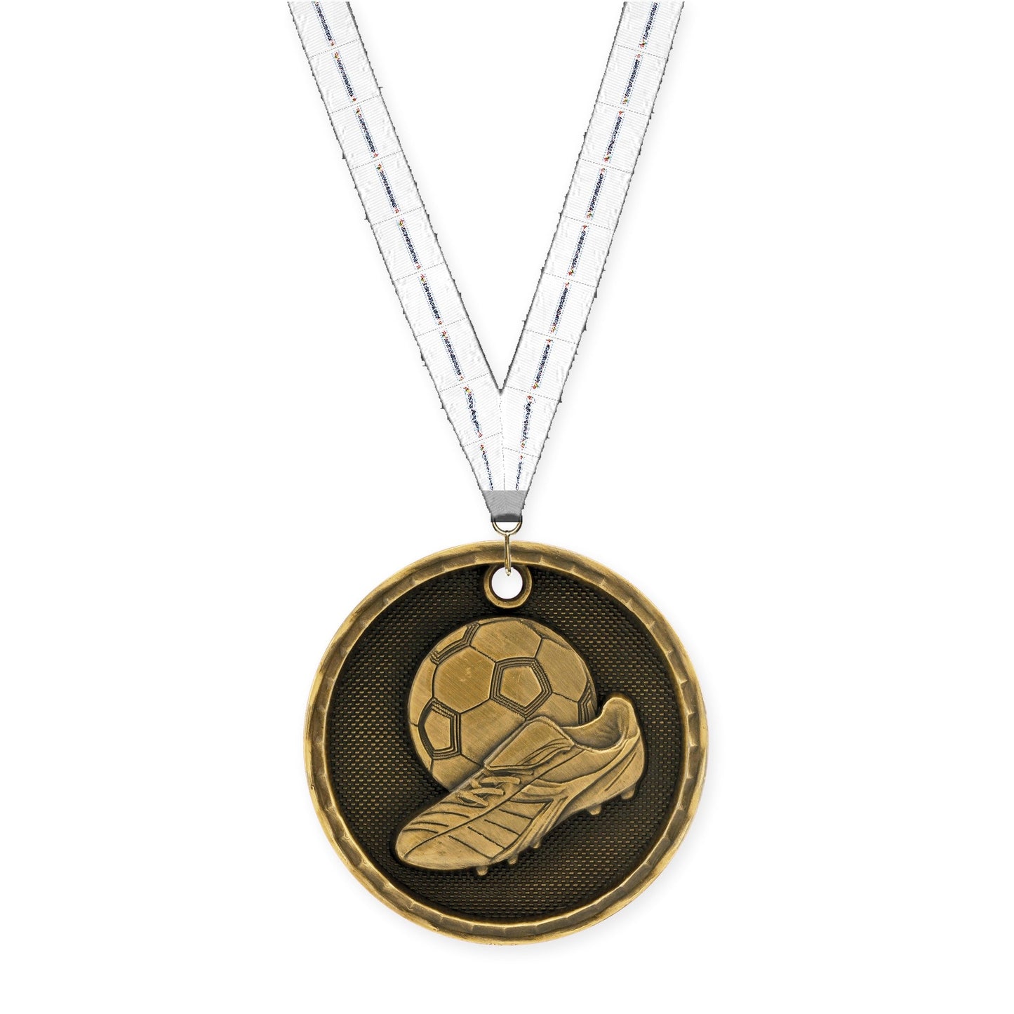 2 inch soccer 3-D medal in antique gold with Lamp Of Knowledge neck ribbon
