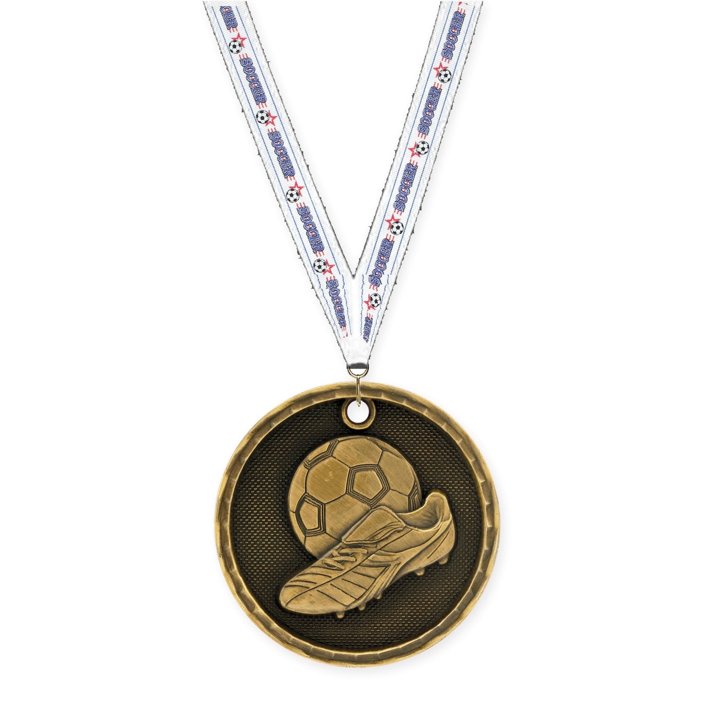 2 inch soccer 3-D medal in antique gold with Soccer neck ribbon