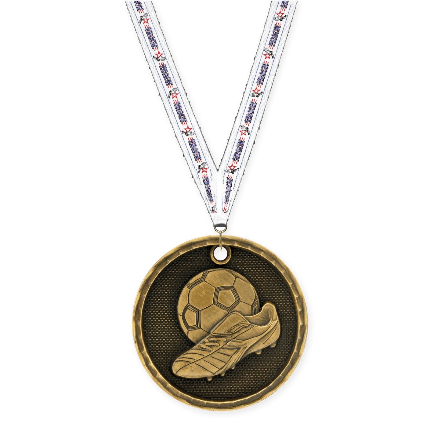 2 inch soccer 3-D medal in antique gold with Track neck ribbon