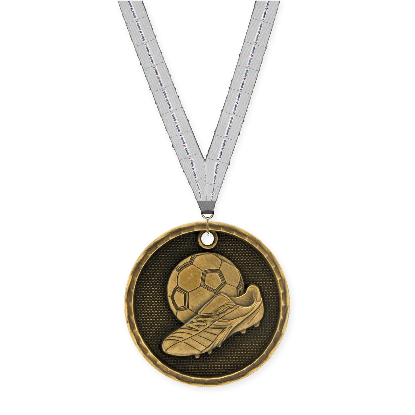 2 inch soccer 3-D medal in antique gold with Auto Racing neck ribbon
