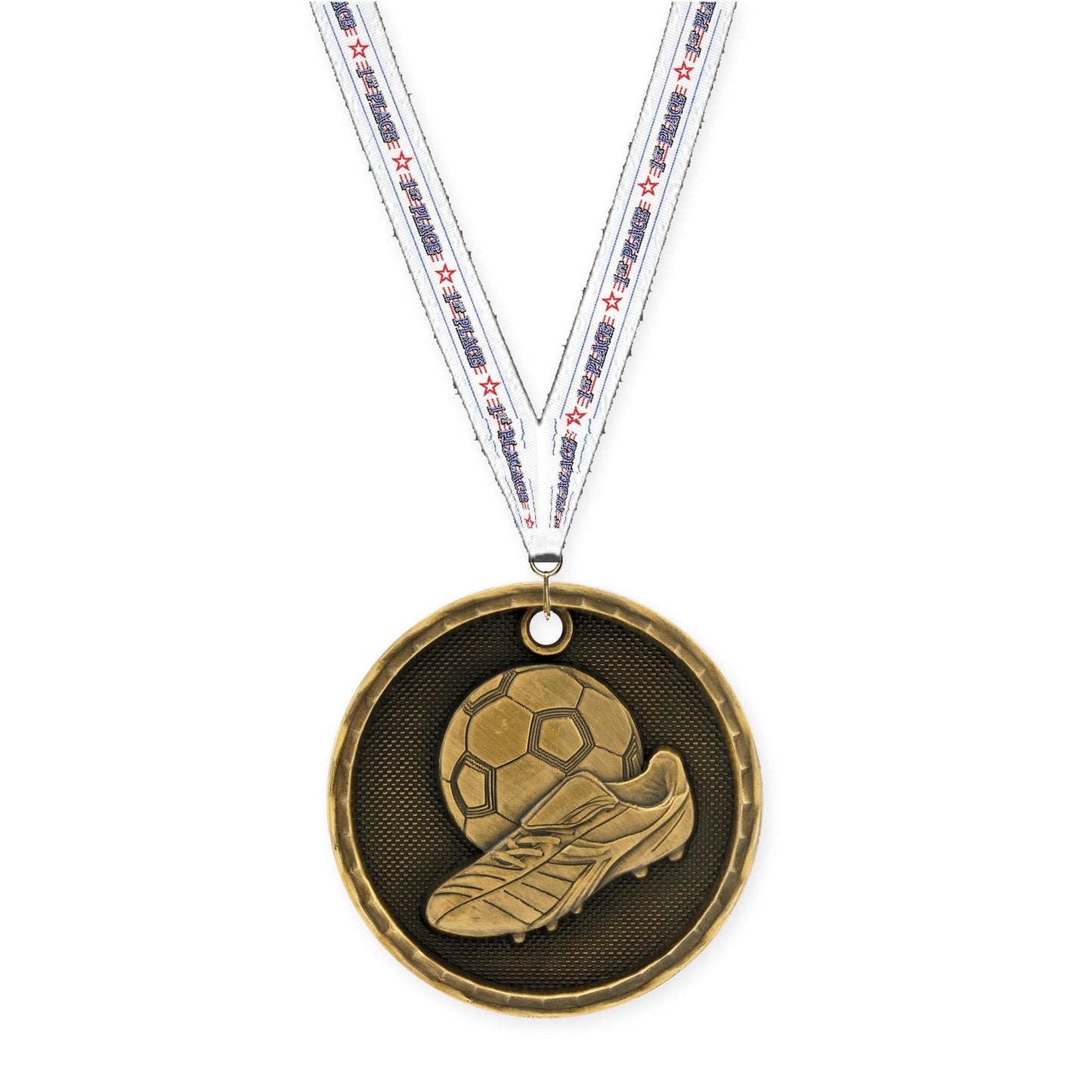 2 inch soccer 3-D medal in antique gold with 1st Place neck ribbon