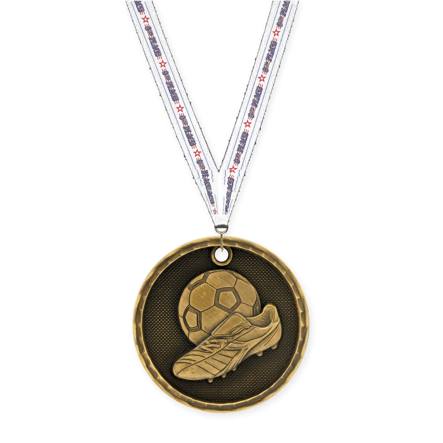 2 inch soccer 3-D medal in antique gold with 3rd Place neck ribbon