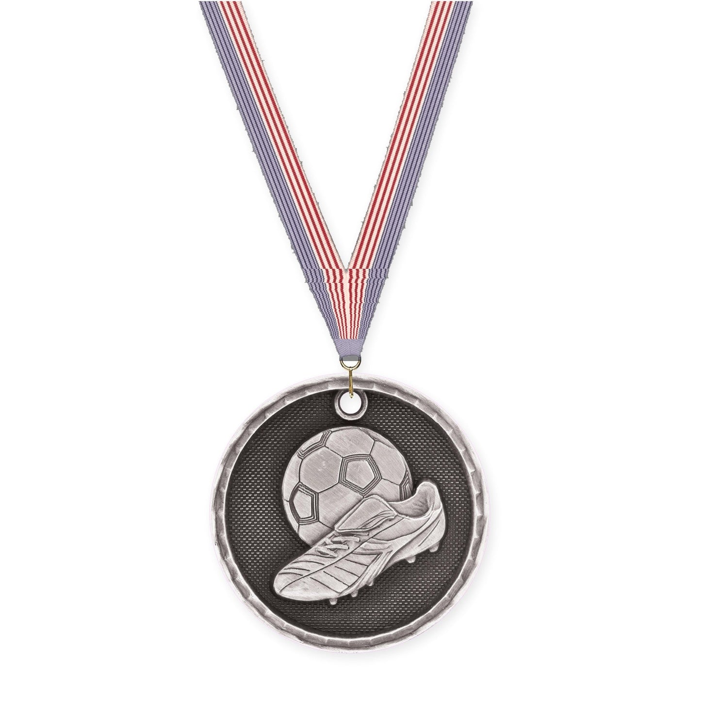 2 inch soccer 3-D medal in antique silver with USA Flag neck ribbon
