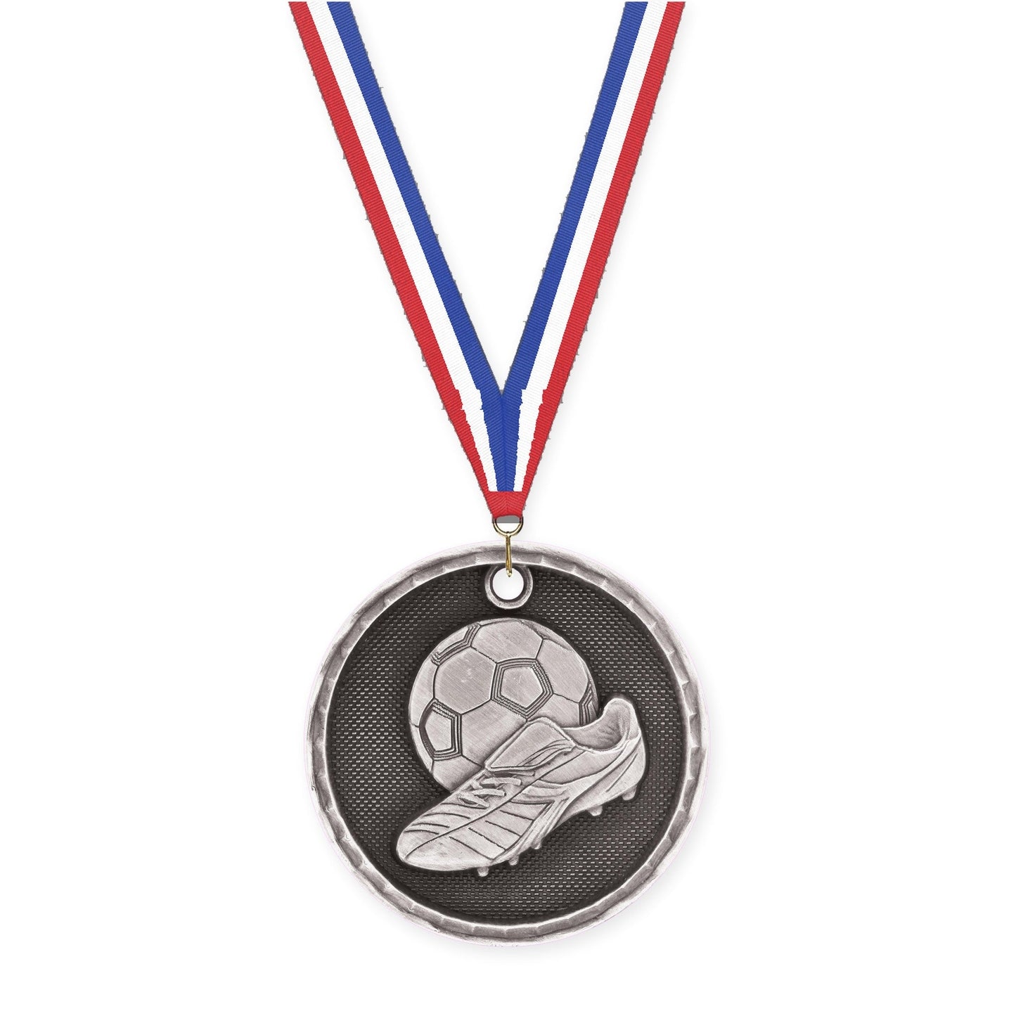 2 inch soccer 3-D medal in antique silver with Red White Blue neck ribbon