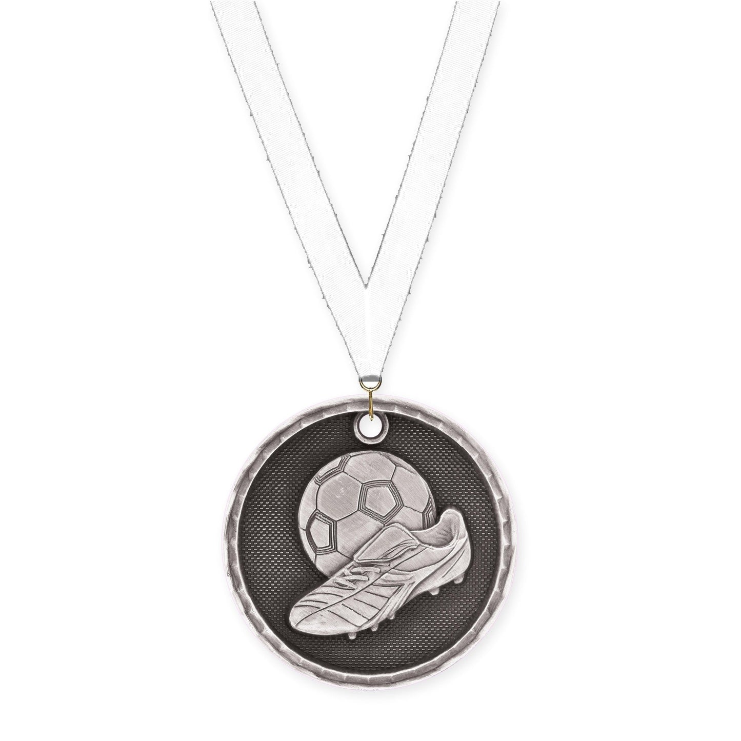 2 inch soccer 3-D medal in antique silver with White neck ribbon