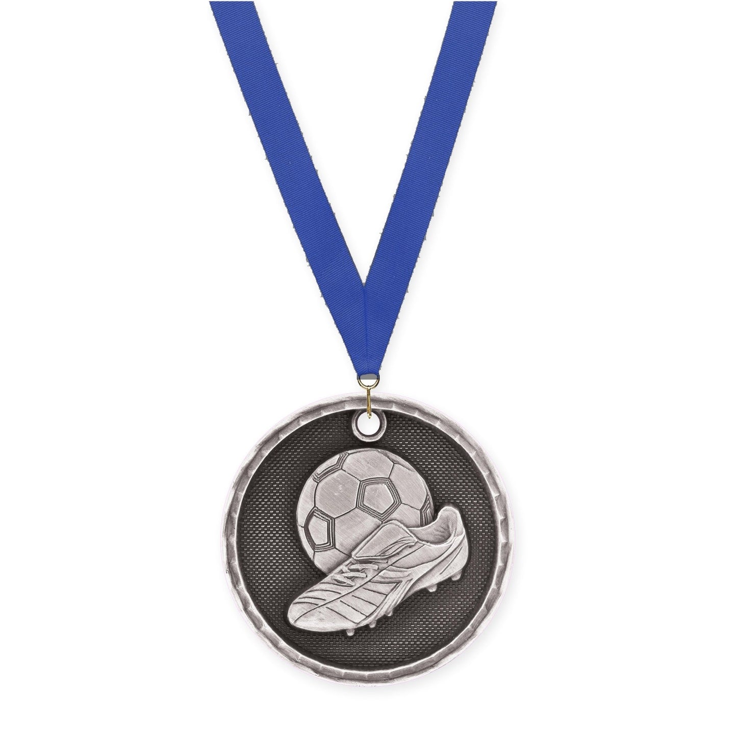 2 inch soccer 3-D medal in antique silver with Blue neck ribbon