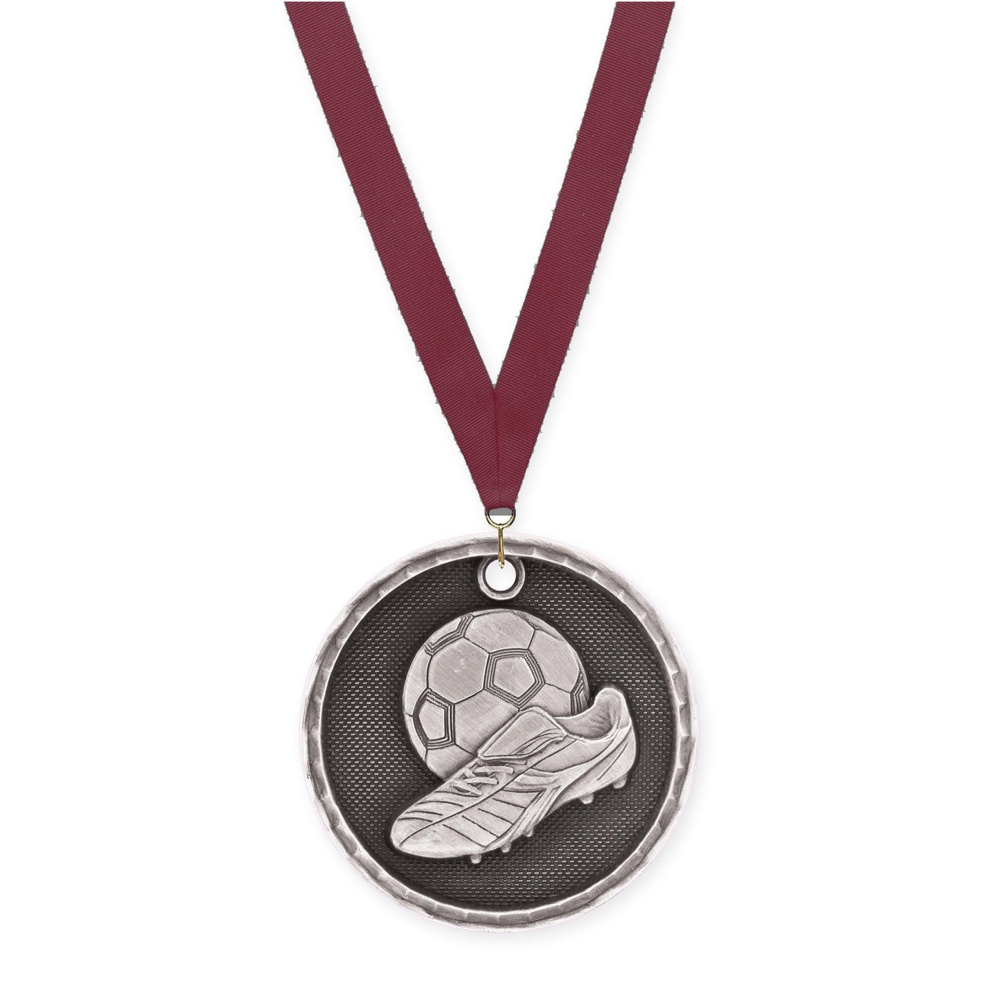 2 inch soccer 3-D medal in antique silver with Maroon neck ribbon