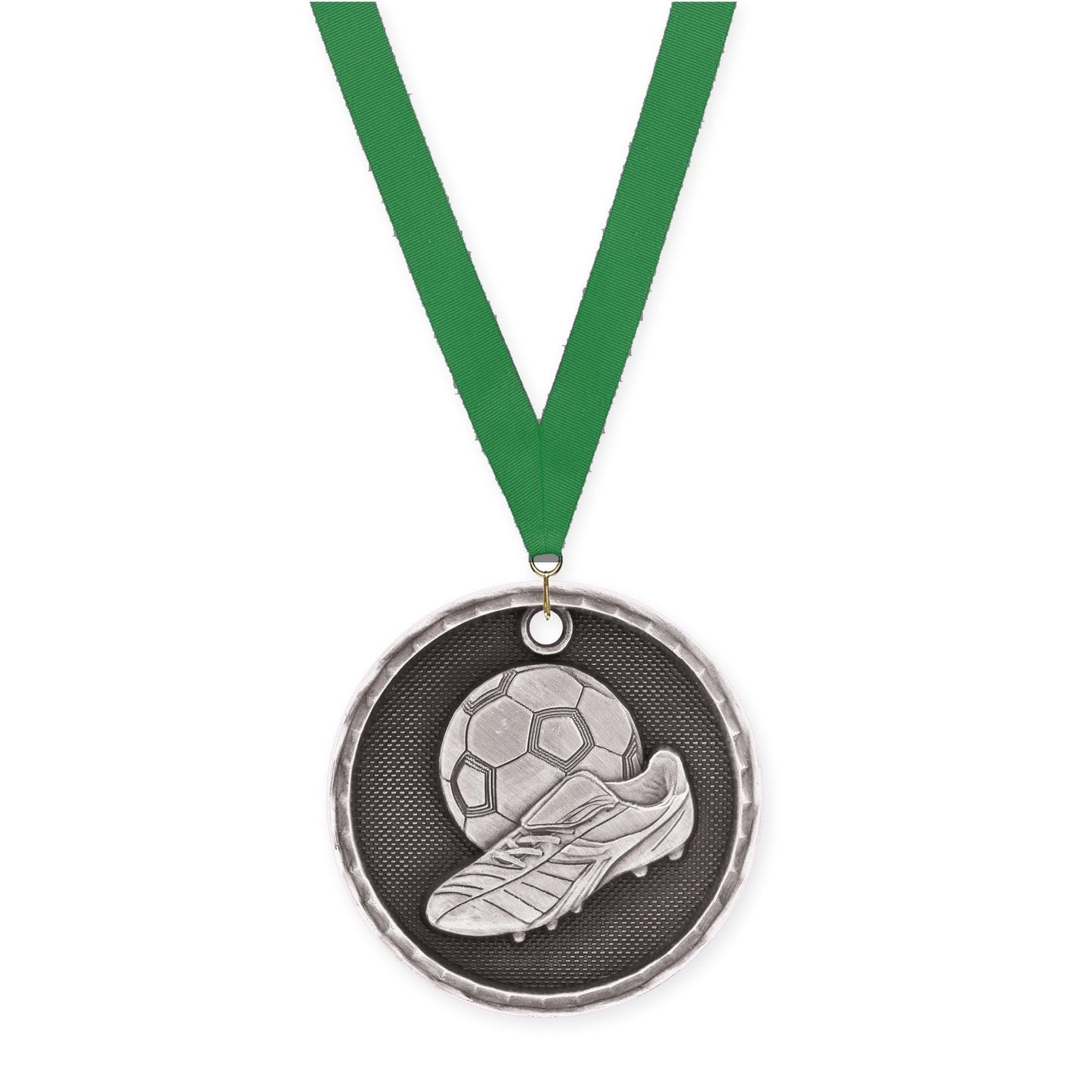 2 inch soccer 3-D medal in antique silver with Green neck ribbon