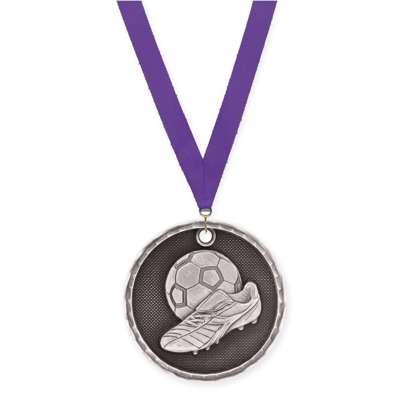 2 inch soccer 3-D medal in antique silver with Purple neck ribbon