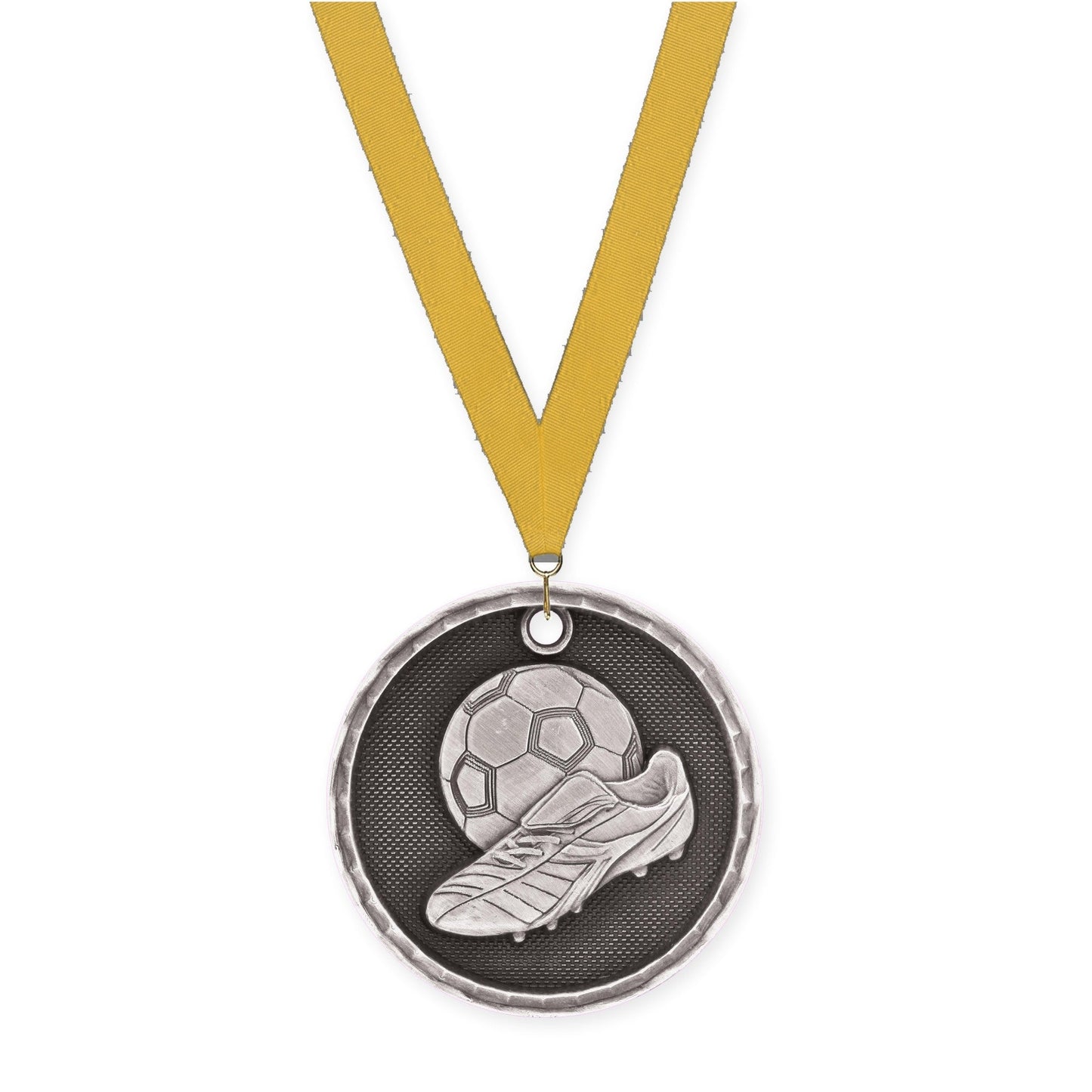 2 inch soccer 3-D medal in antique silver with Gold neck ribbon