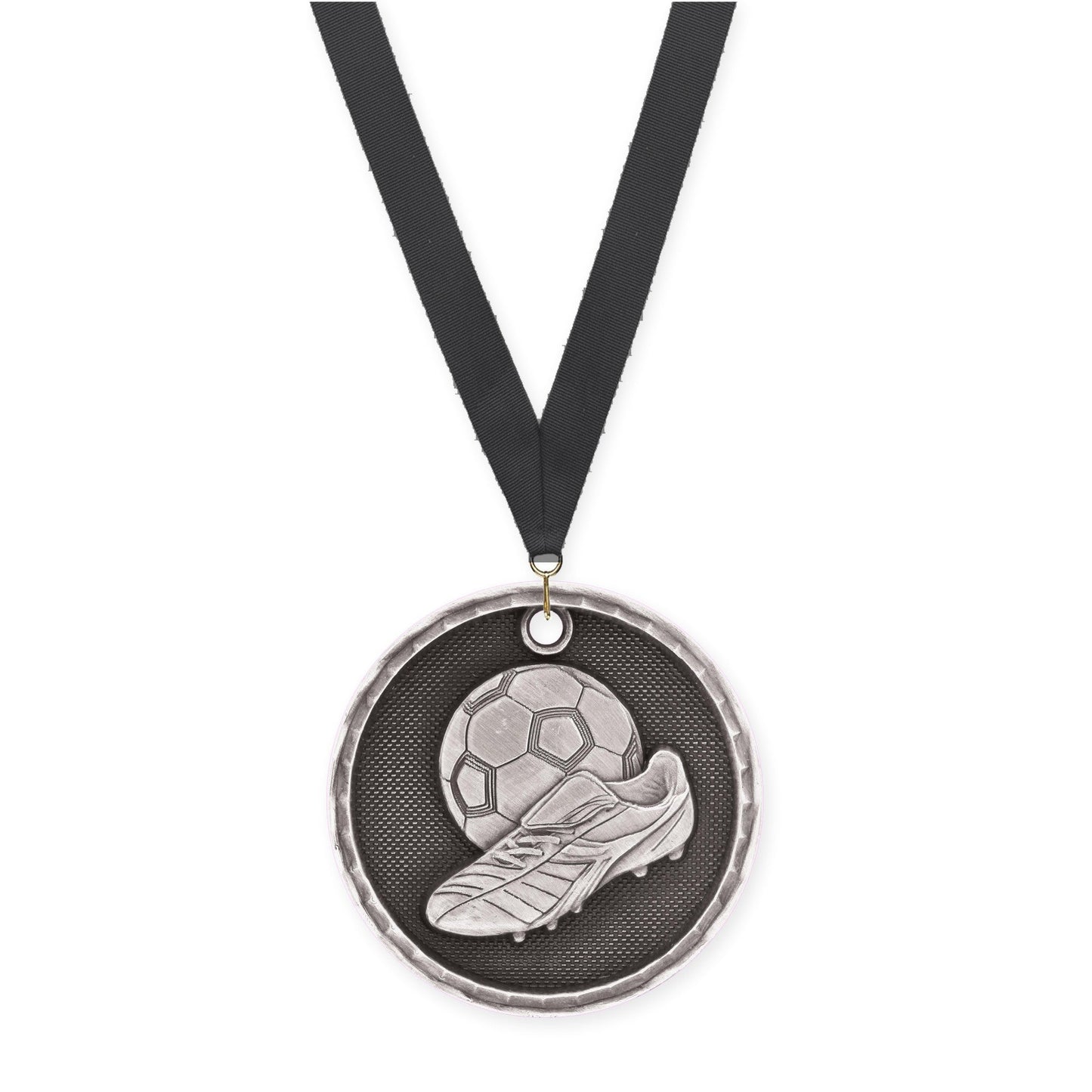 2 inch soccer 3-D medal in antique silver with Black neck ribbon