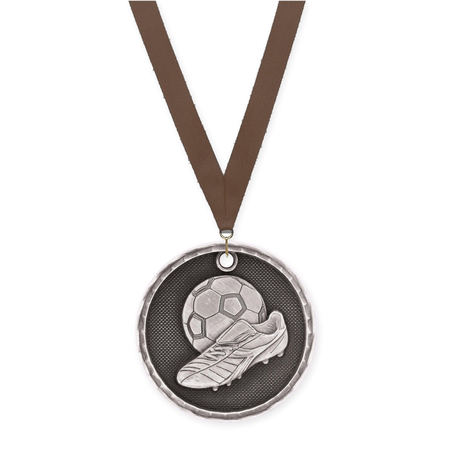 2 inch soccer 3-D medal in antique silver with Brown neck ribbon