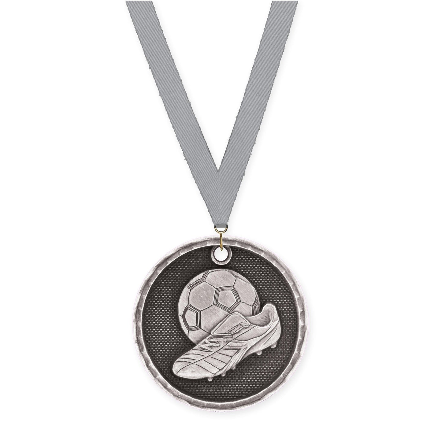 2 inch soccer 3-D medal in antique silver with Gray neck ribbon