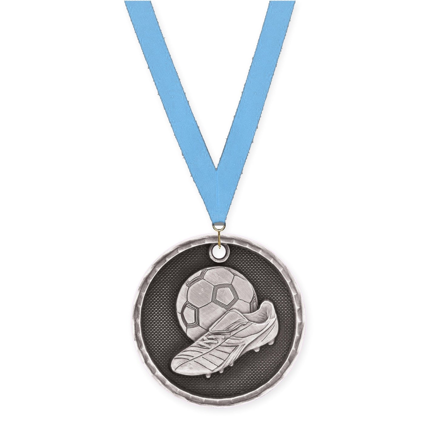 2 inch soccer 3-D medal in antique silver with Light Blue neck ribbon