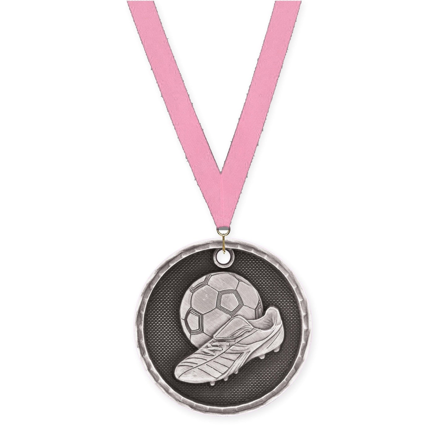 2 inch soccer 3-D medal in antique silver with Pink neck ribbon