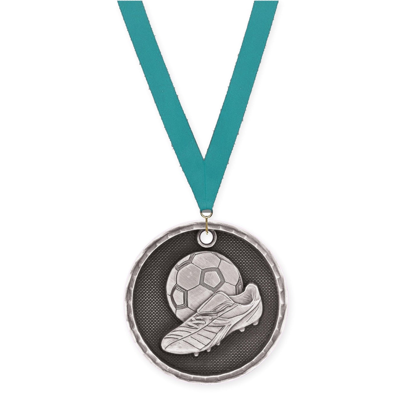 2 inch soccer 3-D medal in antique silver with Teal neck ribbon