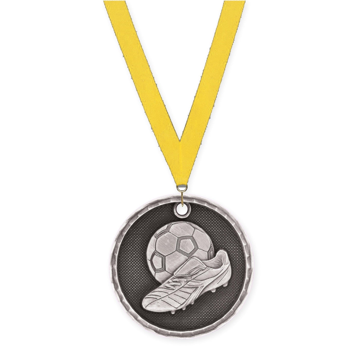 2 inch soccer 3-D medal in antique silver with Yellow neck ribbon