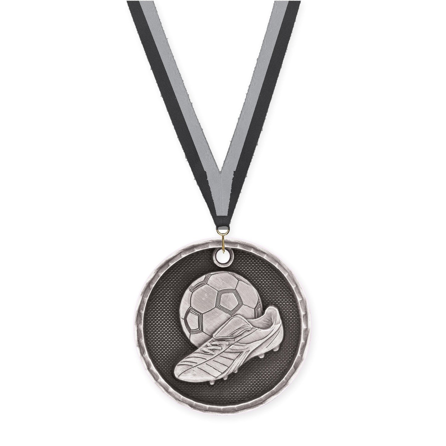 2 inch soccer 3-D medal in antique silver with Black Gray neck ribbon