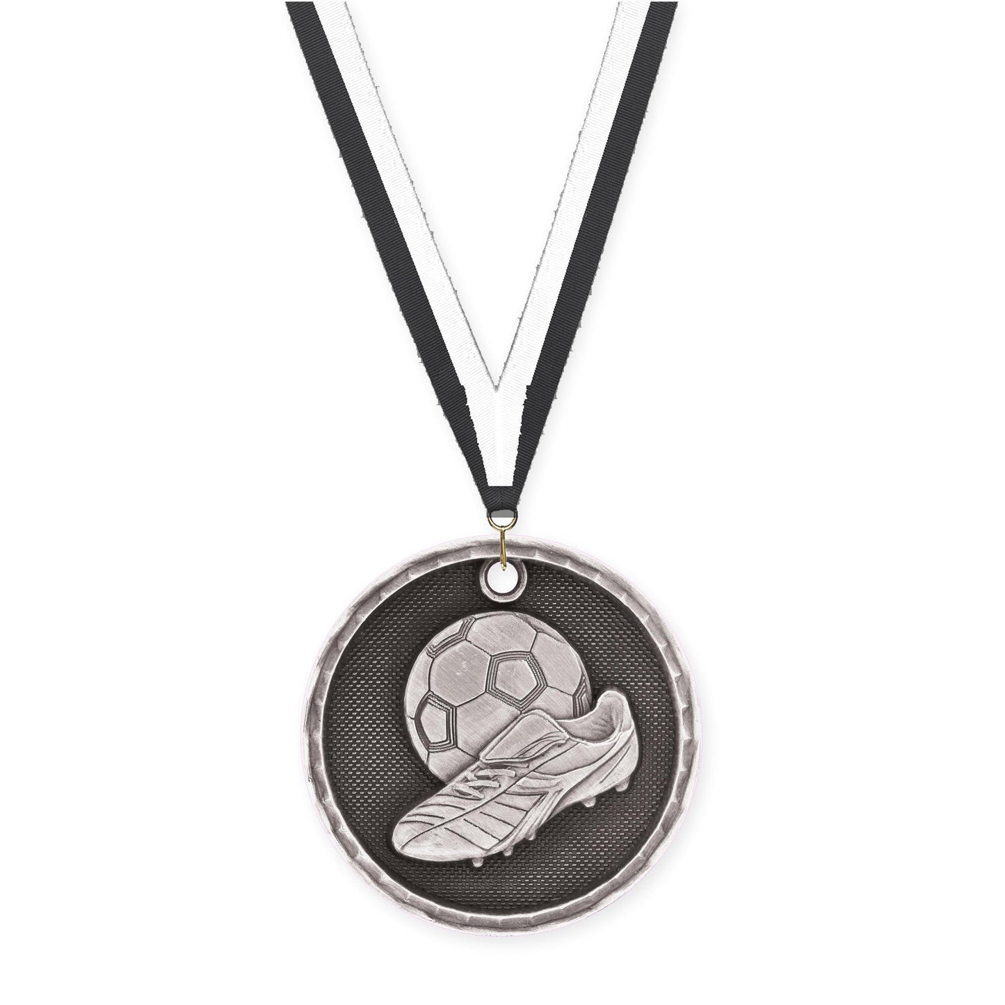 2 inch soccer 3-D medal in antique silver with Black White neck ribbon