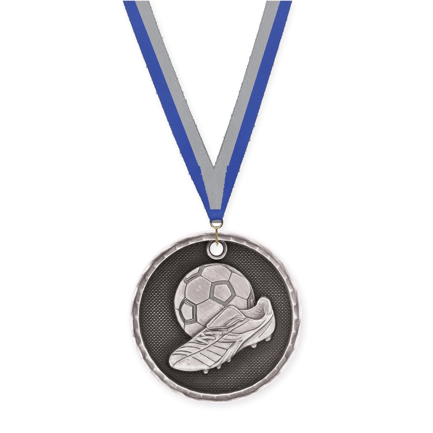 2 inch soccer 3-D medal in antique silver with Blue Gray neck ribbon