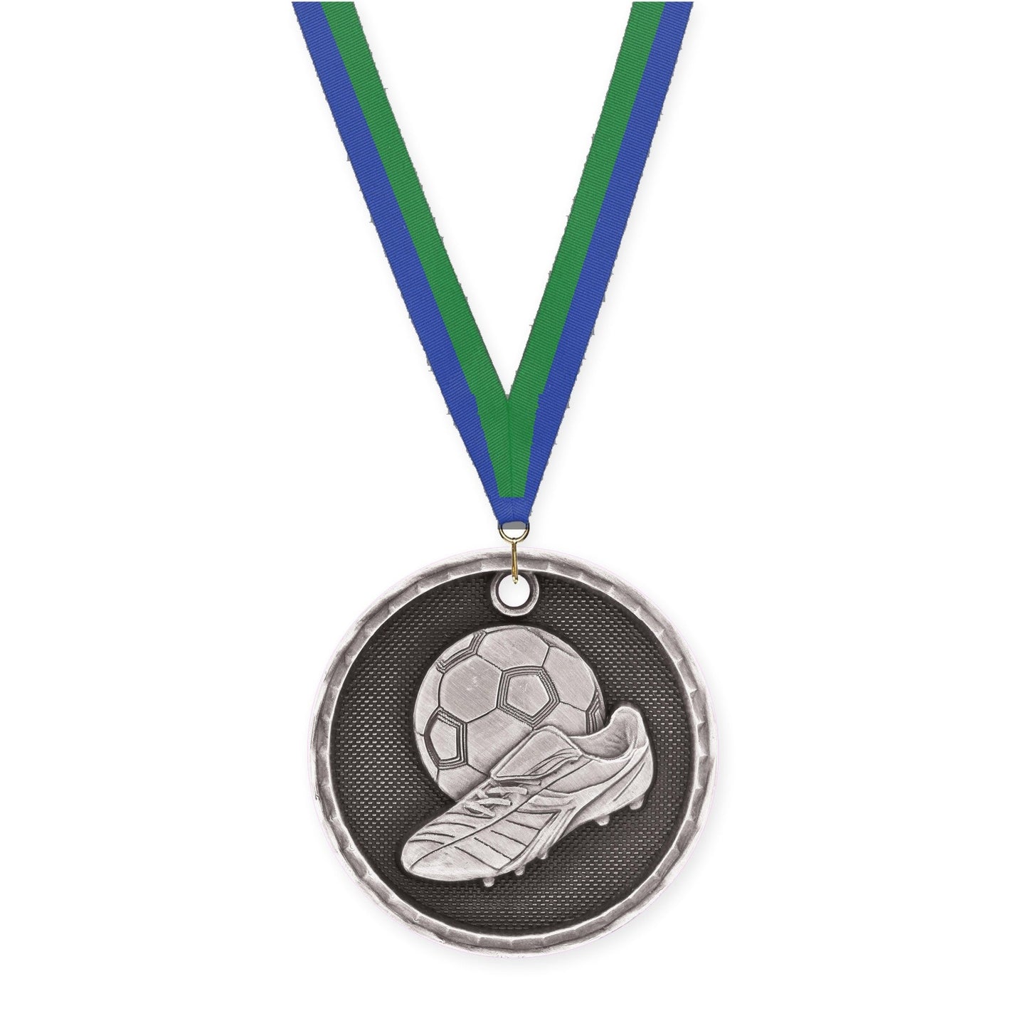 2 inch soccer 3-D medal in antique silver with Blue Green neck ribbon