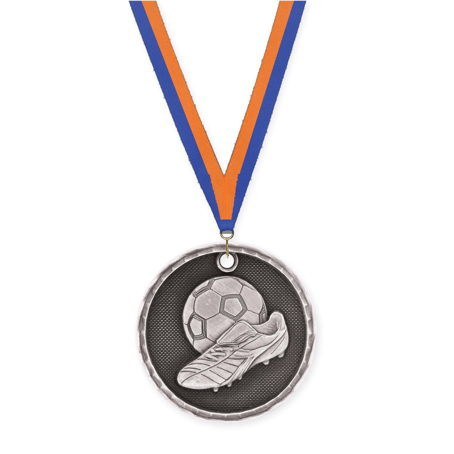 2 inch soccer 3-D medal in antique silver with Blue Orange neck ribbon