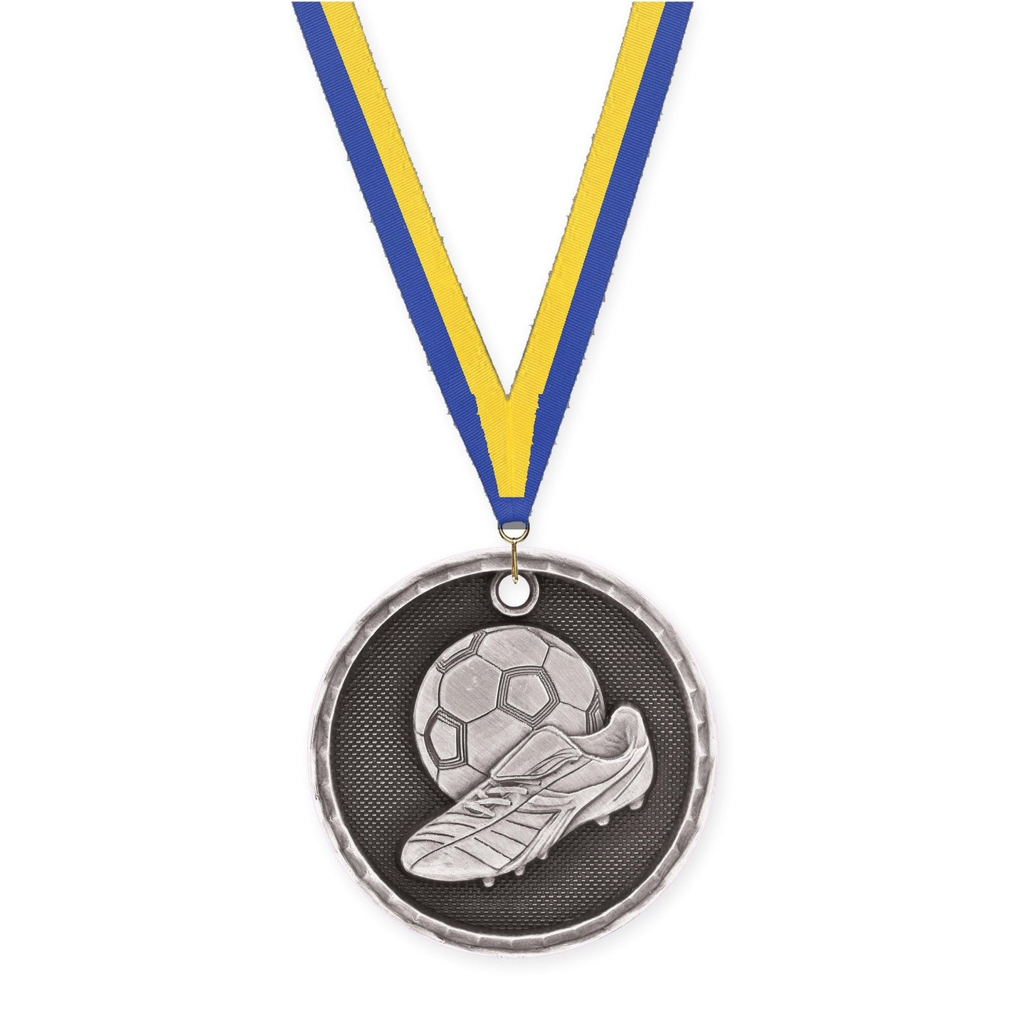 2 inch soccer 3-D medal in antique silver with Blue Yellow neck ribbon