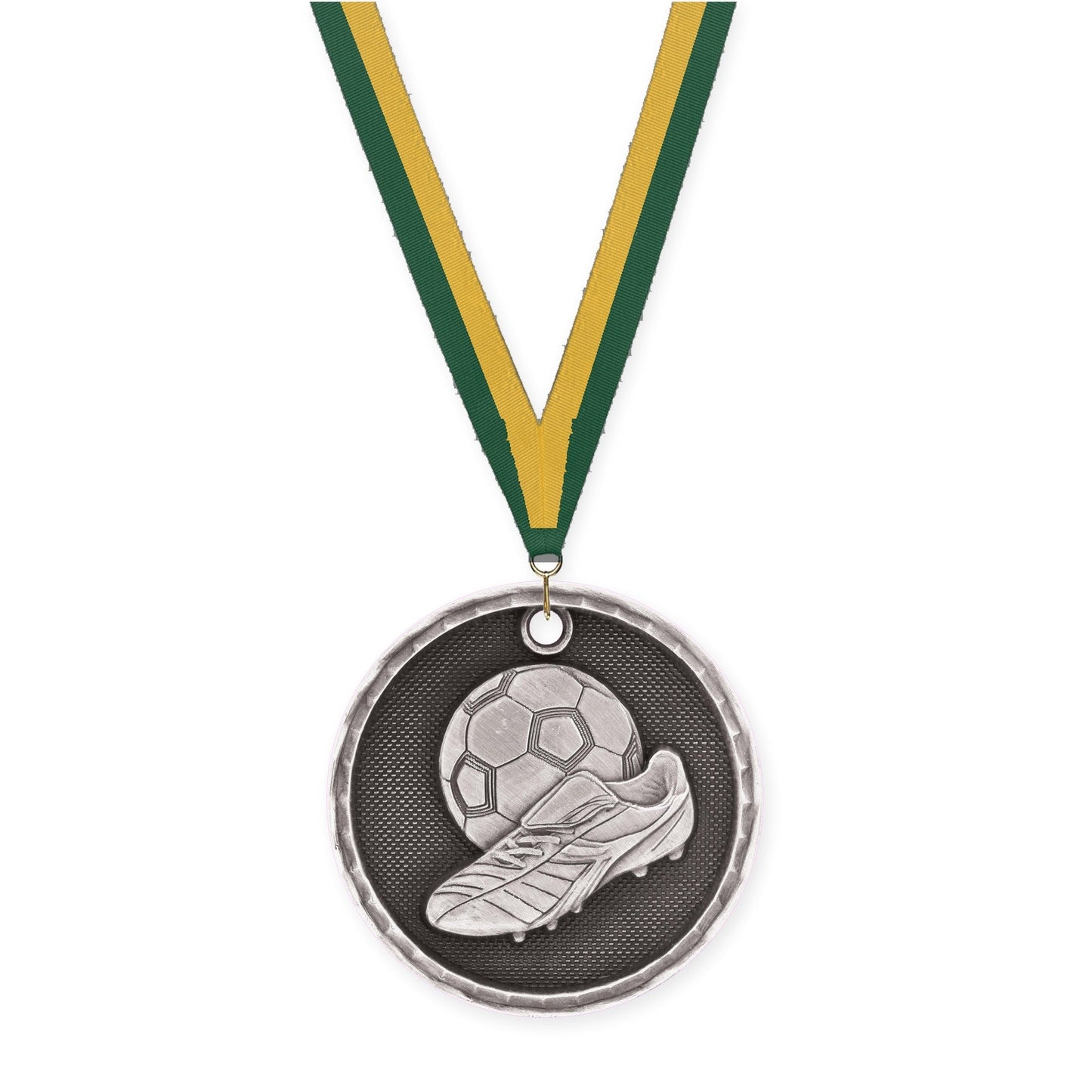 2 inch soccer 3-D medal in antique silver with Hunter Green Gold neck ribbon