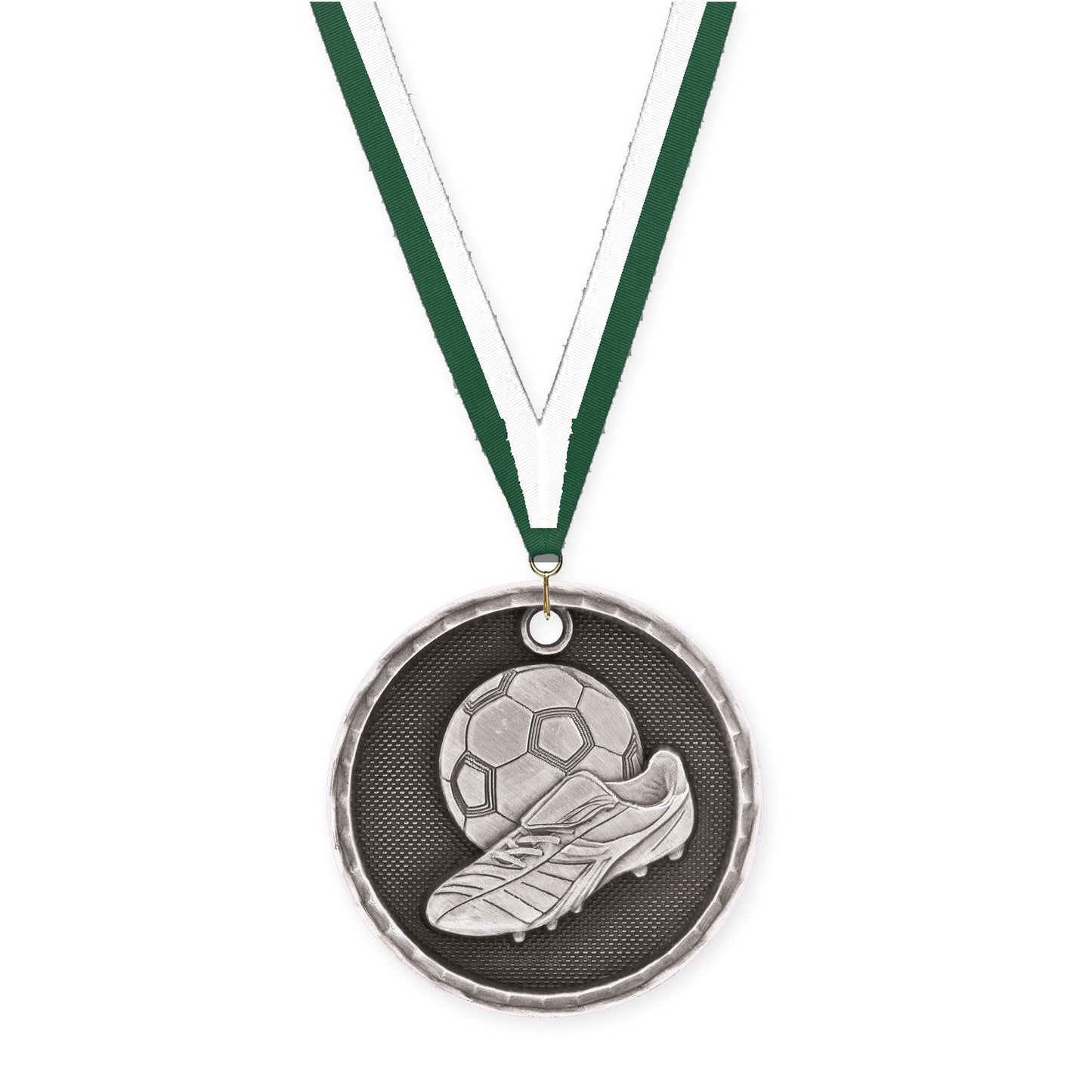 2 inch soccer 3-D medal in antique silver with Hunter Green White neck ribbon